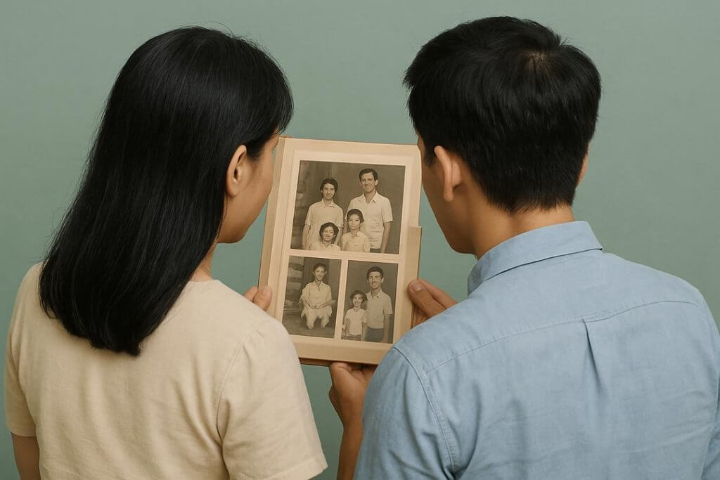 A middle-aged autistic woman sits beside her brother as they gently flip through a childhood photo album. The scene captures a quiet, intimate moment filled with shared memories and emotional connection. It reflects the enduring impact of sibling relationships, the therapeutic value of family engagement, and how revisiting the past can foster understanding, reduce isolation, and support emotional healing for both autistic individuals and their siblings.