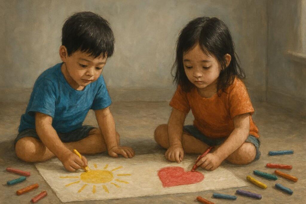 A young autistic girl and her older brother quietly draw together on the floor—she sketches a red heart, while he draws a yellow sun. Their shared activity reflects the power of sibling connection in autism therapy, illustrating how simple, emotionally safe interactions can foster understanding, communication, and mutual trust within neurodiverse families.