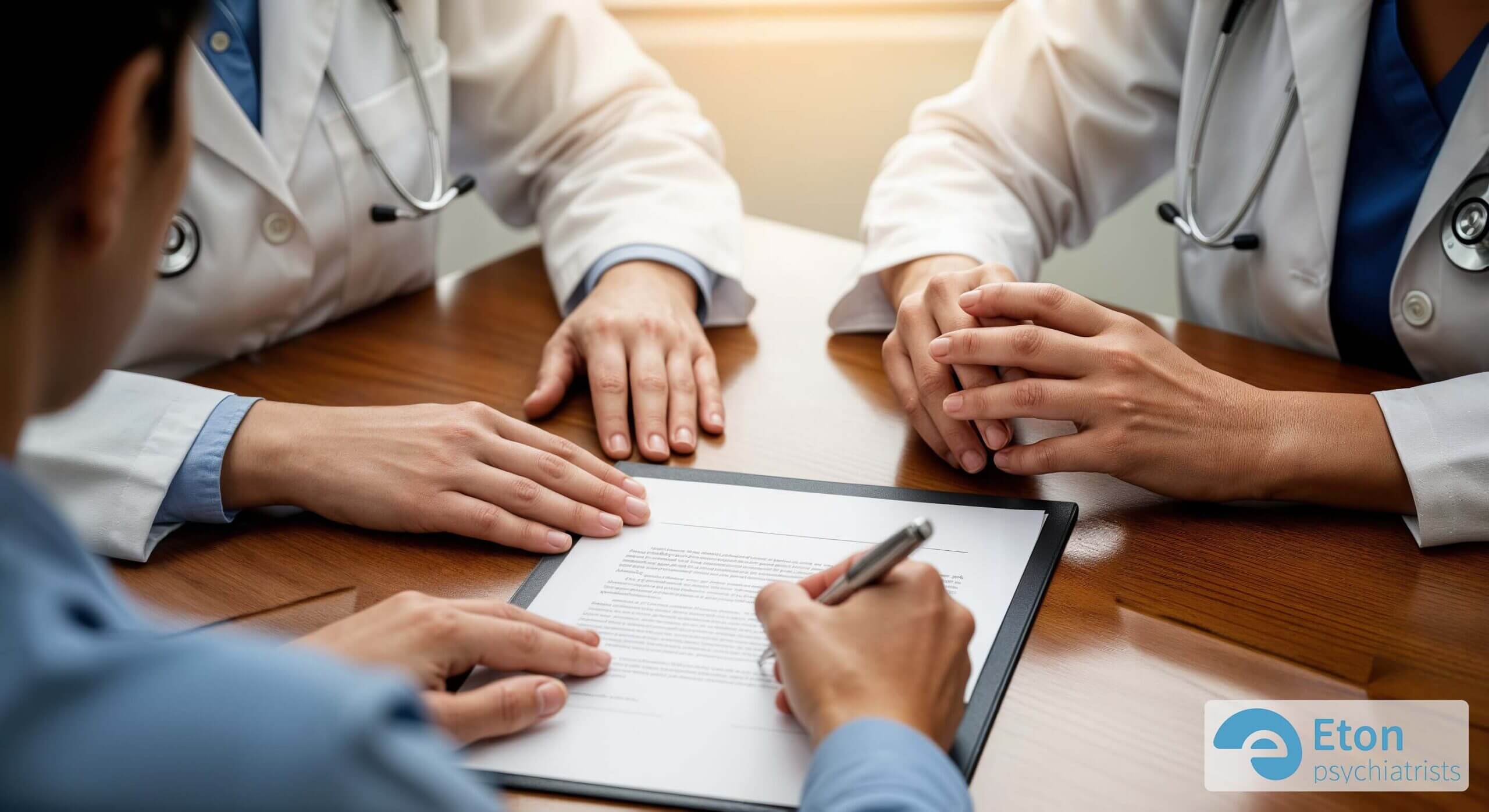 Two people at a desk signing a document, representing a shared care agreement for ADHD treatment.