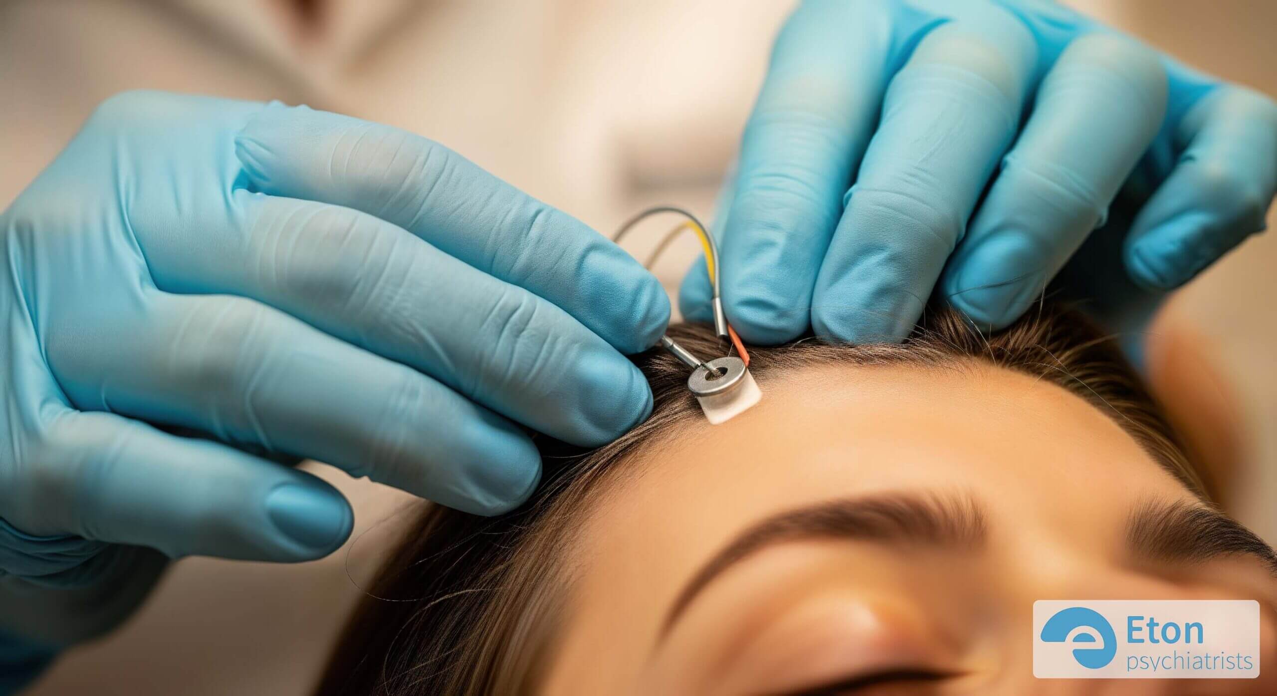 A close-up of a technician's hands gently placing an EEG electrode on a patient's scalp, showing the calm and non-invasive procedure.