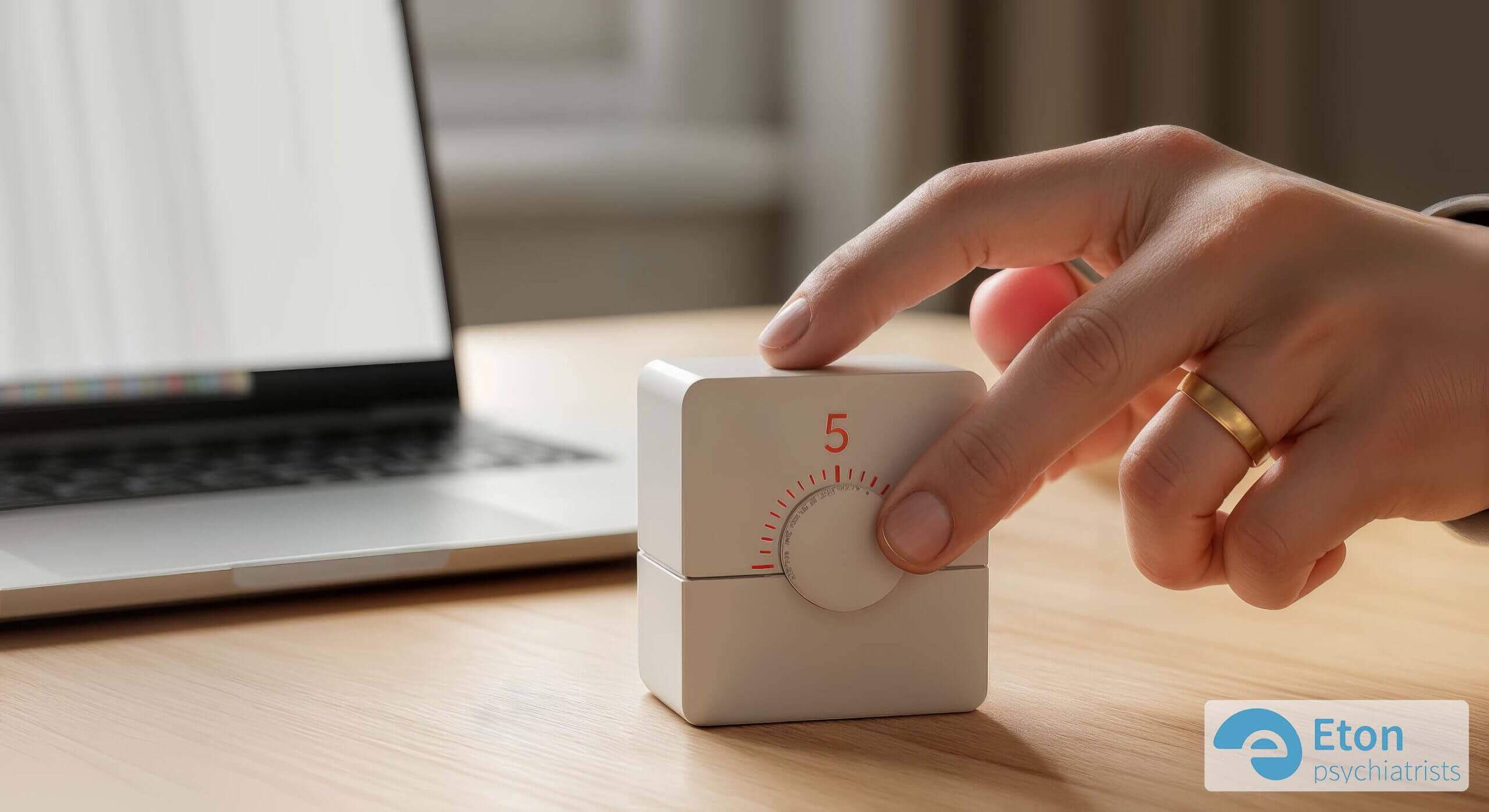 A close-up of a hand setting a 5-minute timer on a desk, illustrating the strategy of starting a task with a small, manageable step.