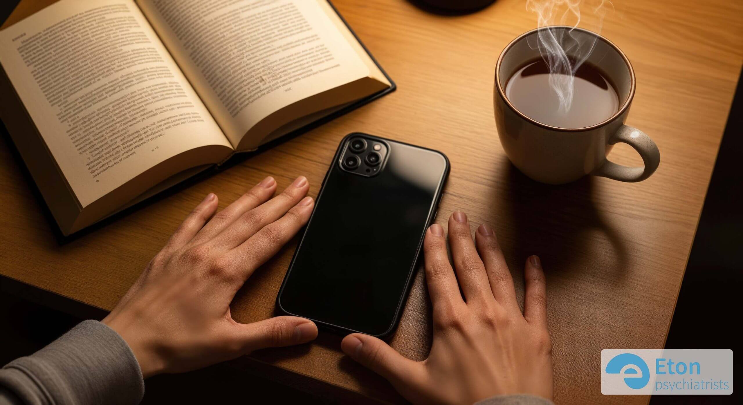 A person's hands placing a phone face down on a desk next to a book, symbolizing a mindful choice to disengage from social media.