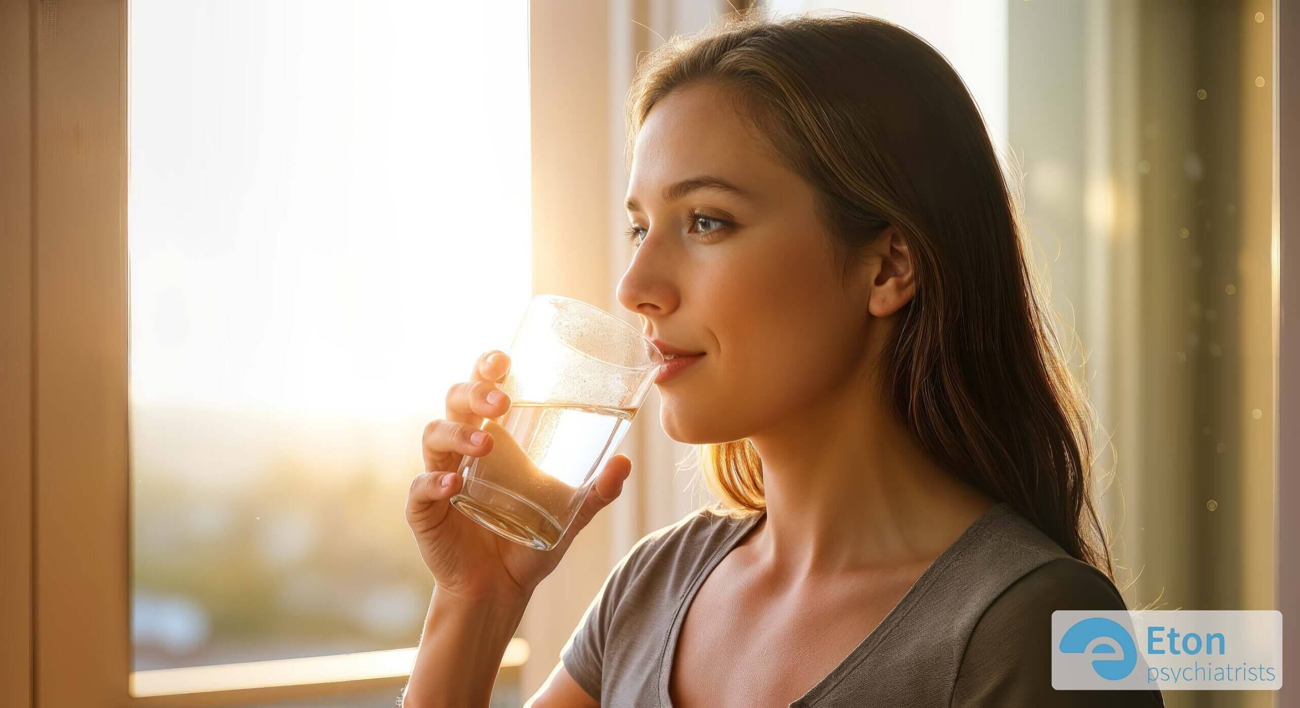 A person standing by a sunlit window, drinking a glass of water, representing a calm and regulating morning habit for ADHD.