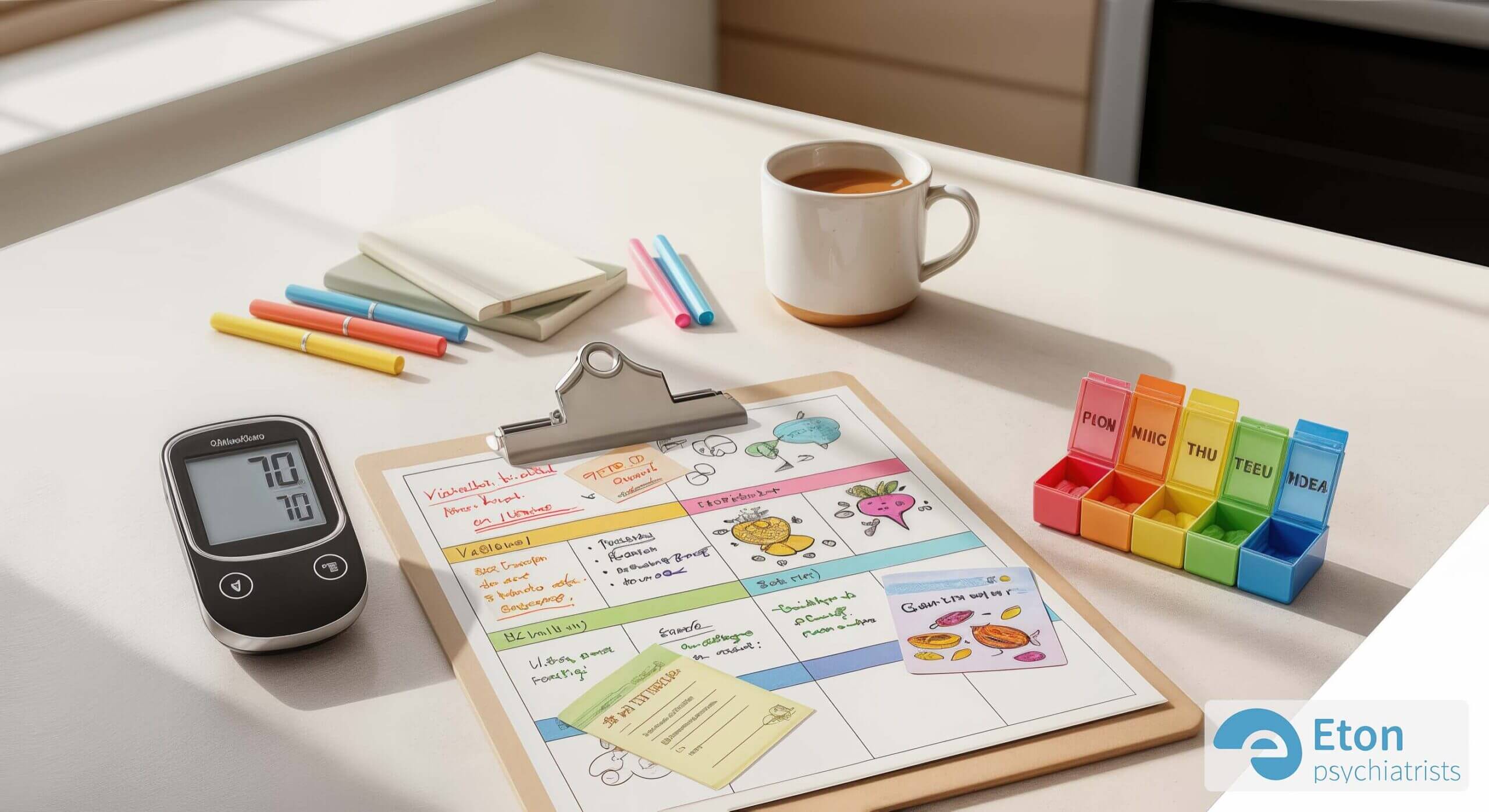 An organized kitchen counter with a visual meal planner and blood sugar monitor, showing a practical strategy for managing gestational diabetes.