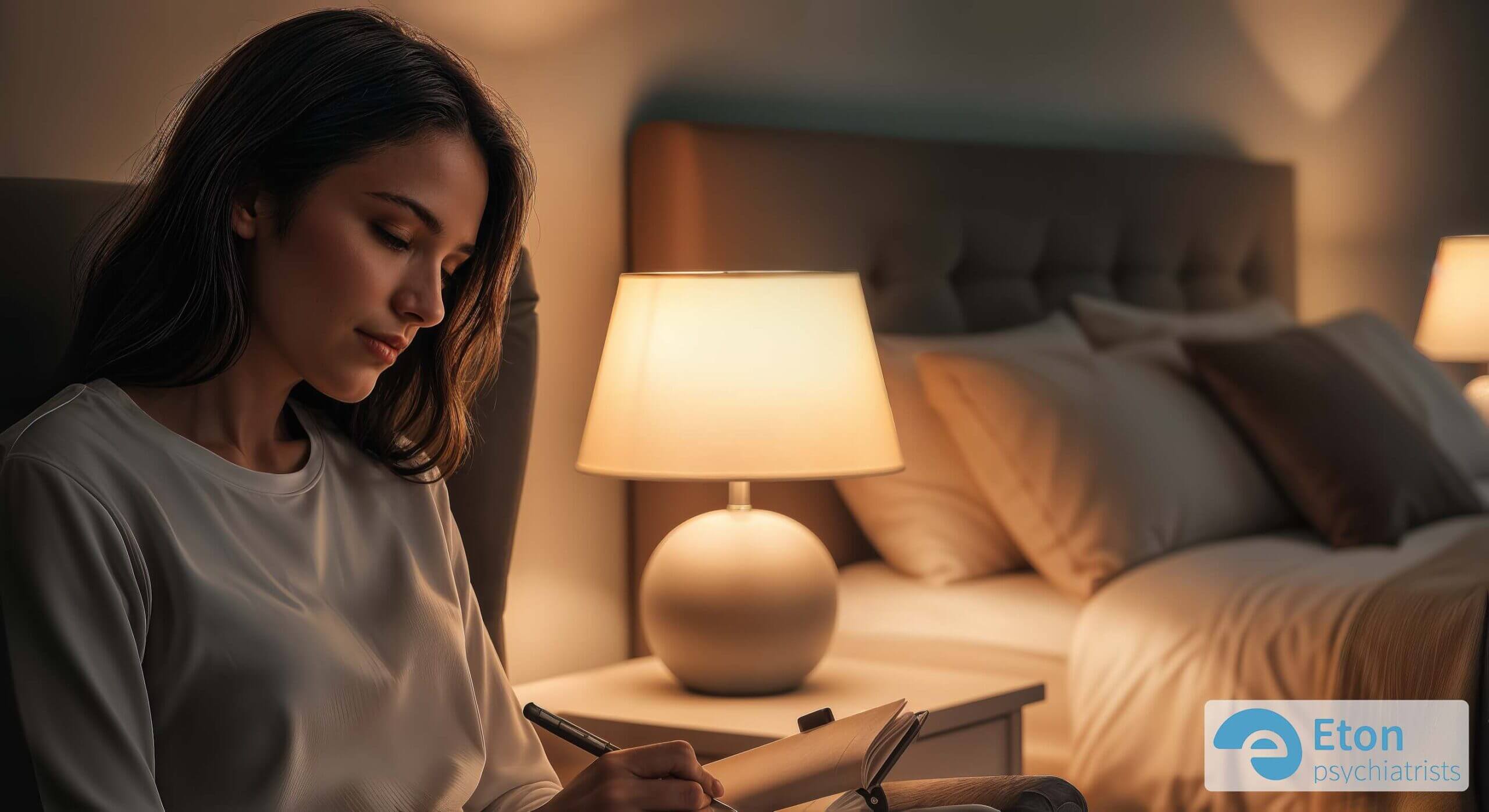 A person calmly writing in a notebook in a softly lit room at night, symbolizing the 'brain dump' habit for releasing thoughts before sleep.