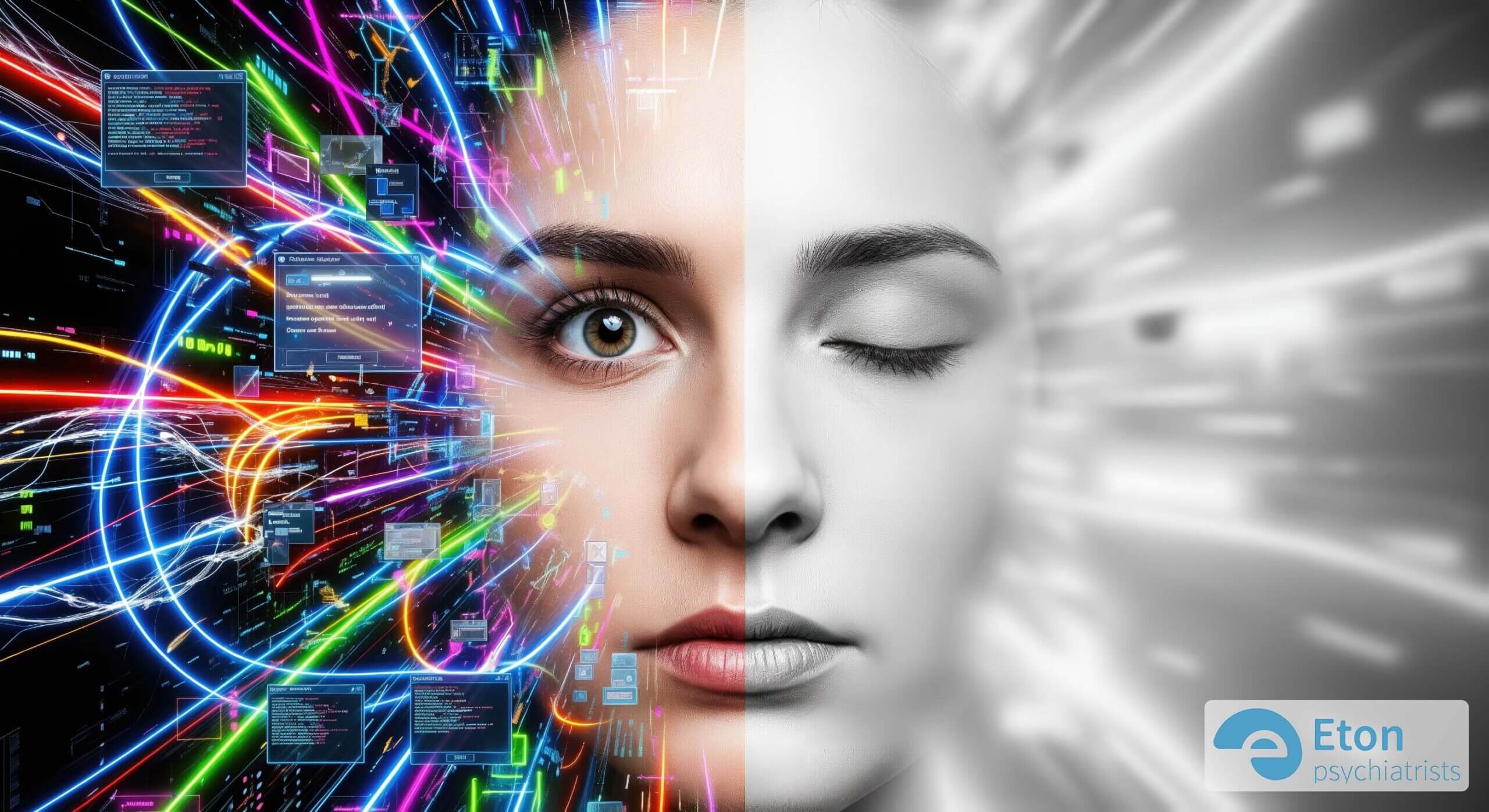 A composite face, half vibrant and overstimulated, half calm and withdrawn, representing the 'AuDHD' tug-of-war on social media.