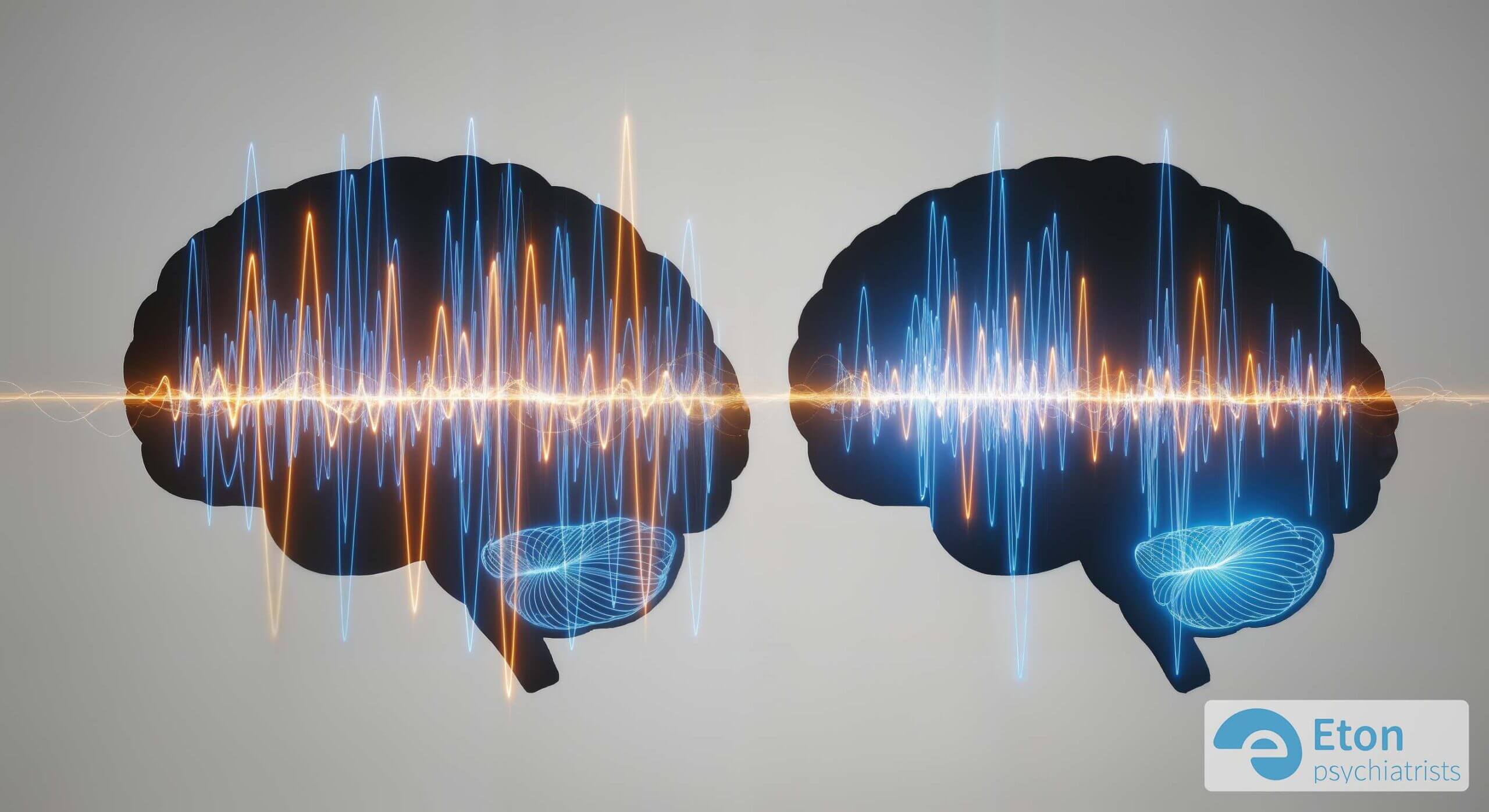A conceptual image comparing a neurotypical brainwave pattern with an ADHD brainwave pattern, showing an increased Theta/Beta ratio.