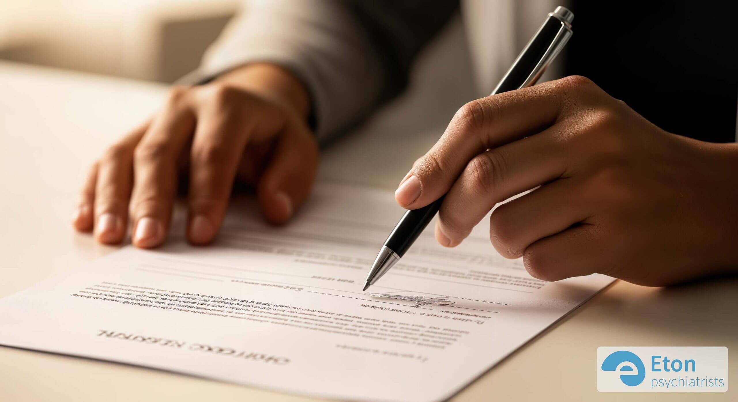 A person's hands filling out a medical questionnaire, symbolizing the proactive step of preparing for a GP appointment for an ADHD assessment.