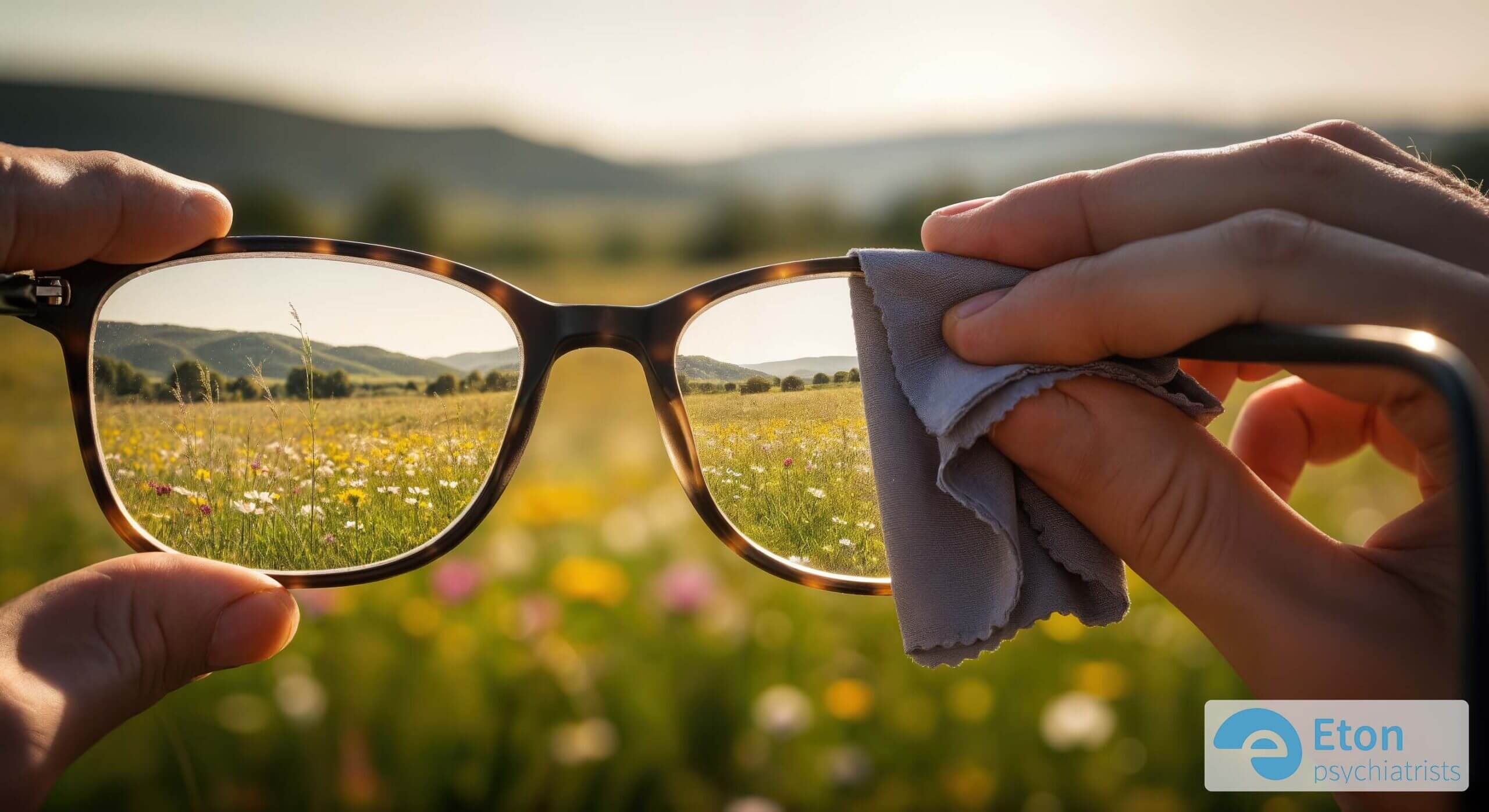 A pair of glasses being cleaned, with the world seen through the clean lens becoming sharp and clear, representing the clarity and hope that an ADHD diagnosis can provide.