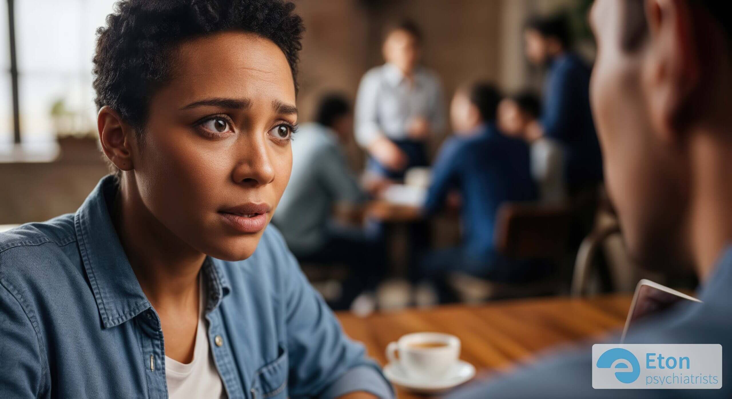 A person in a busy cafe focuses intently, visually representing the cognitive effort of filtering sensory information common in both hearing loss and ADHD.