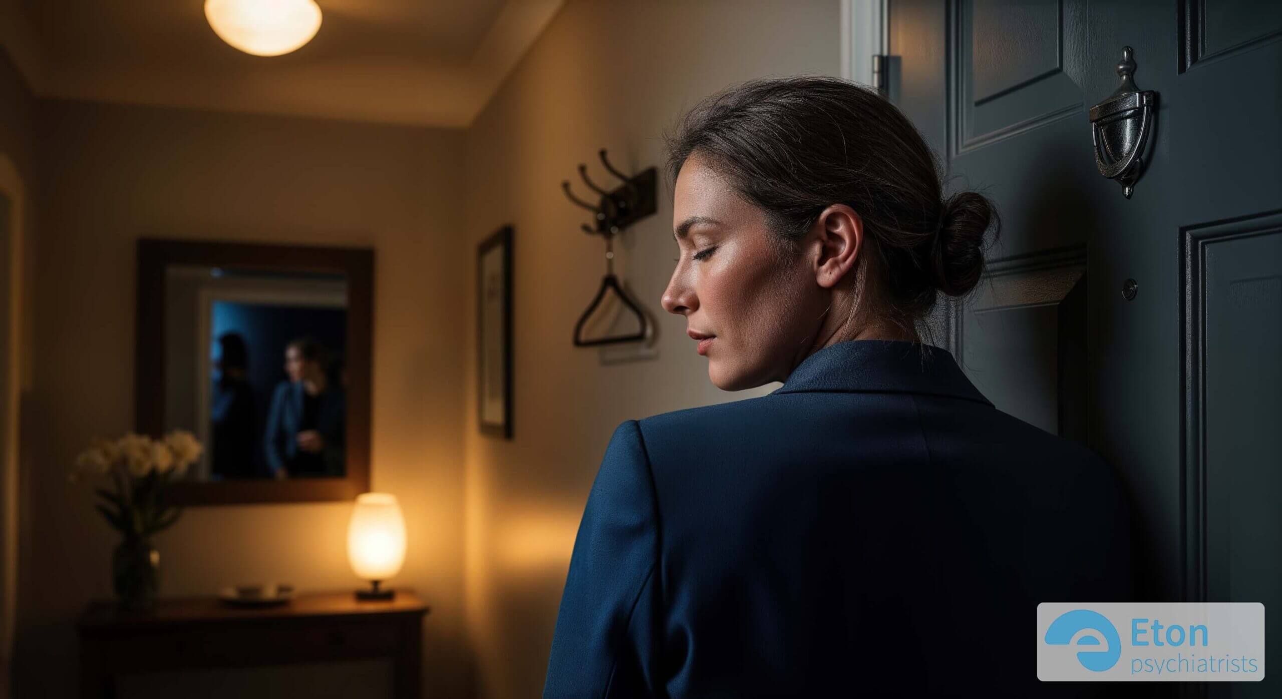 A professional woman with her eyes closed, slumping against her front door, visualizing the emotional exhaustion that comes from a day of masking ADHD symptoms.