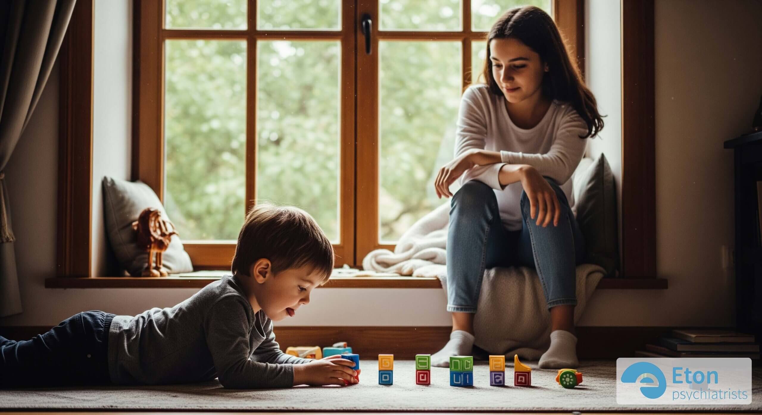 An older sister sits thoughtfully on a window seat, watching her younger brother play with blocks, representing the complex emotional experience of being a sibling to an autistic child.
