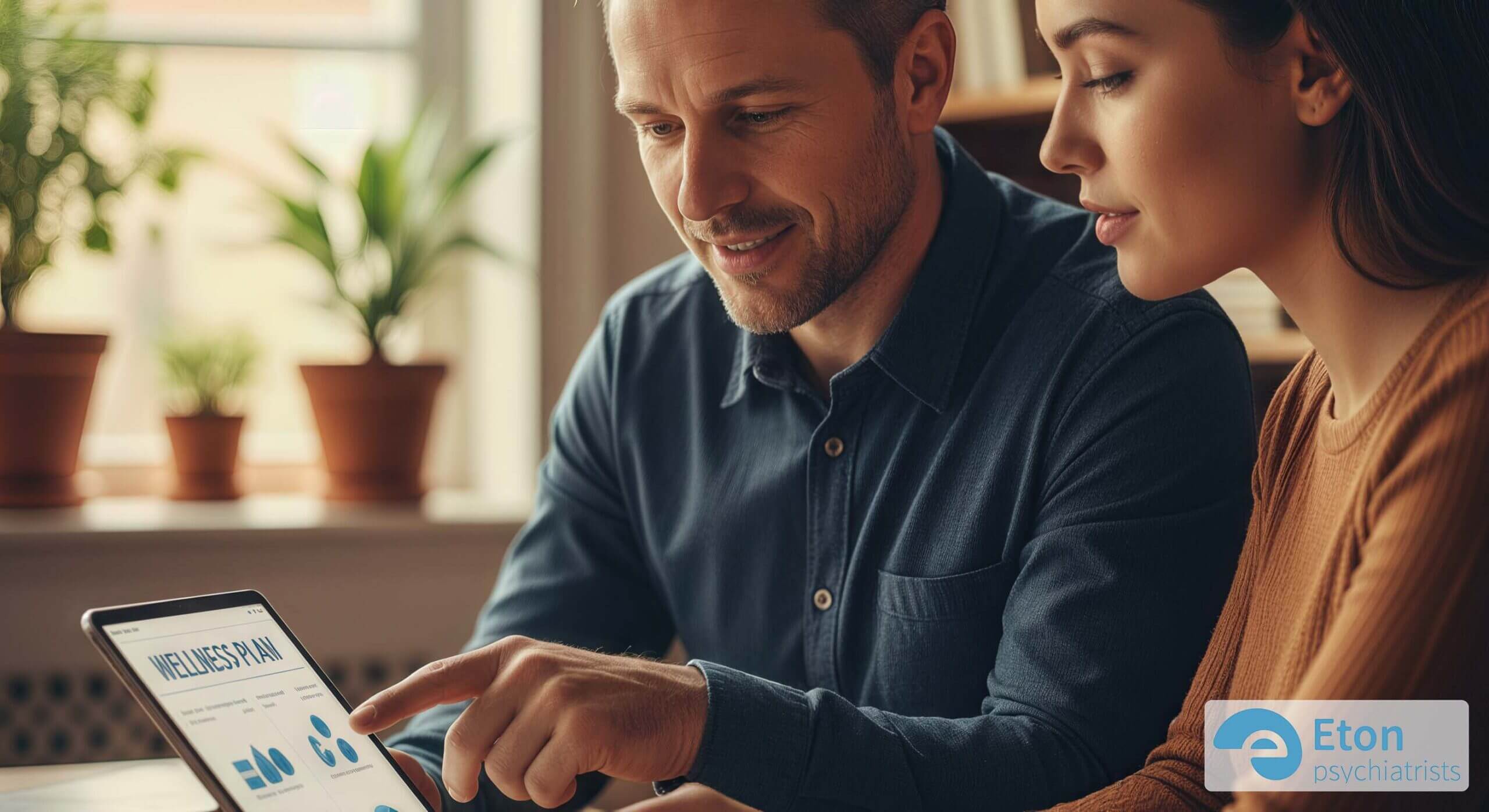 Two people collaboratively looking at a wellness plan on a tablet, representing the next steps after a diagnosis.