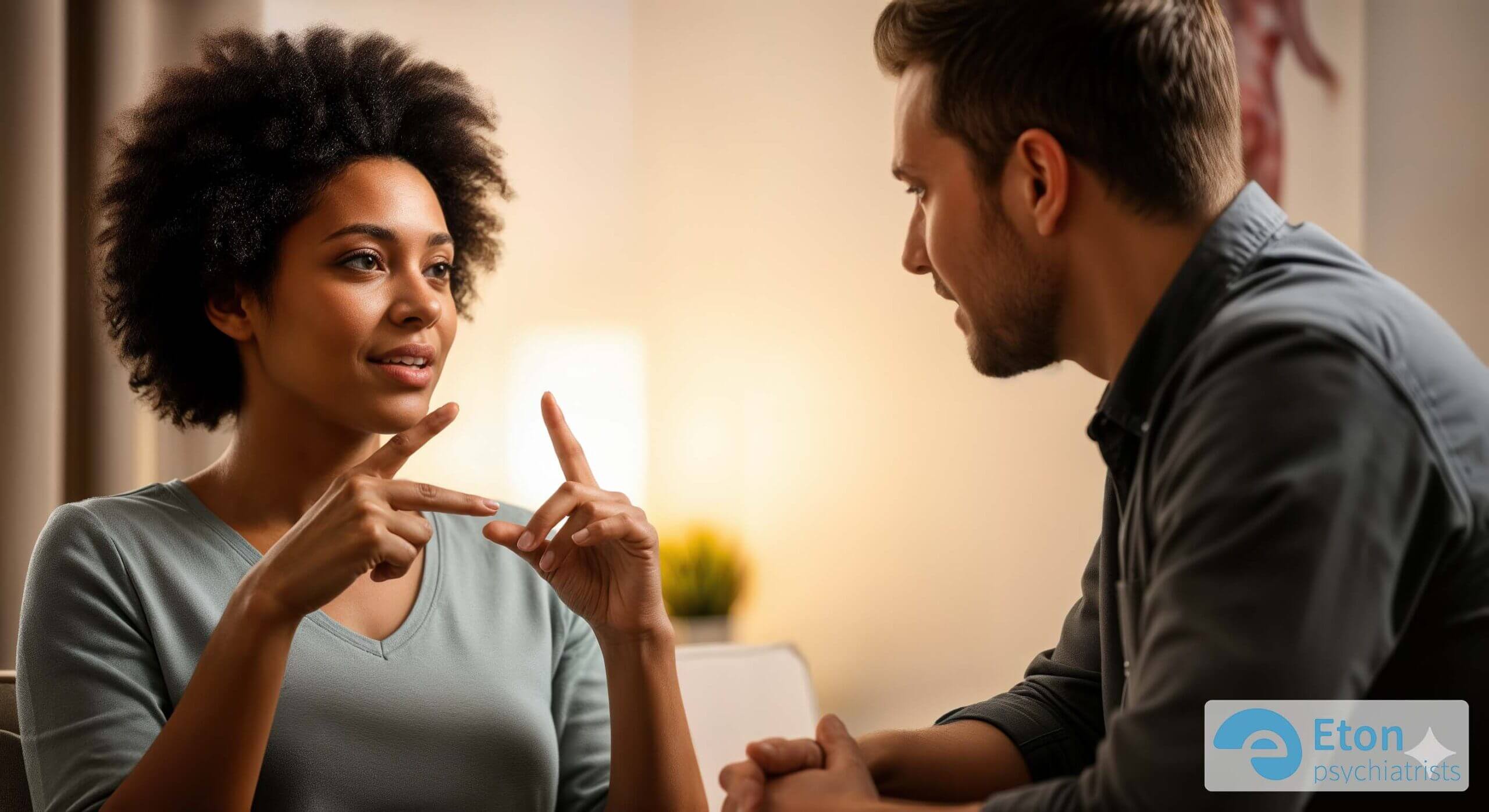 A compassionate clinician and a Deaf patient communicating with understanding and respect in a bright, modern office.