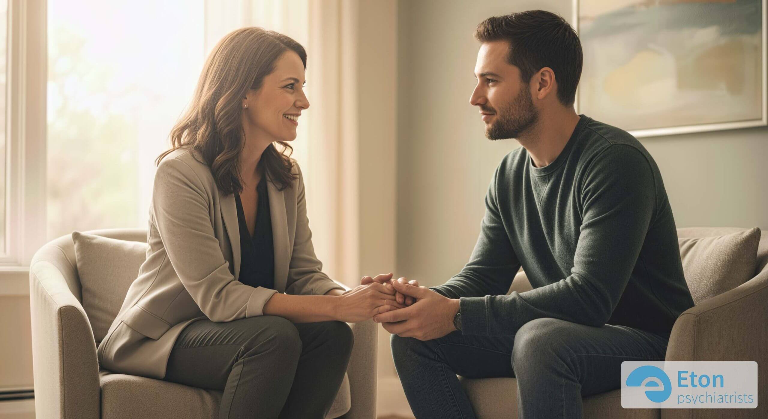 An empathetic clinician holds a patient's hands in a supportive and trusting consultation.
