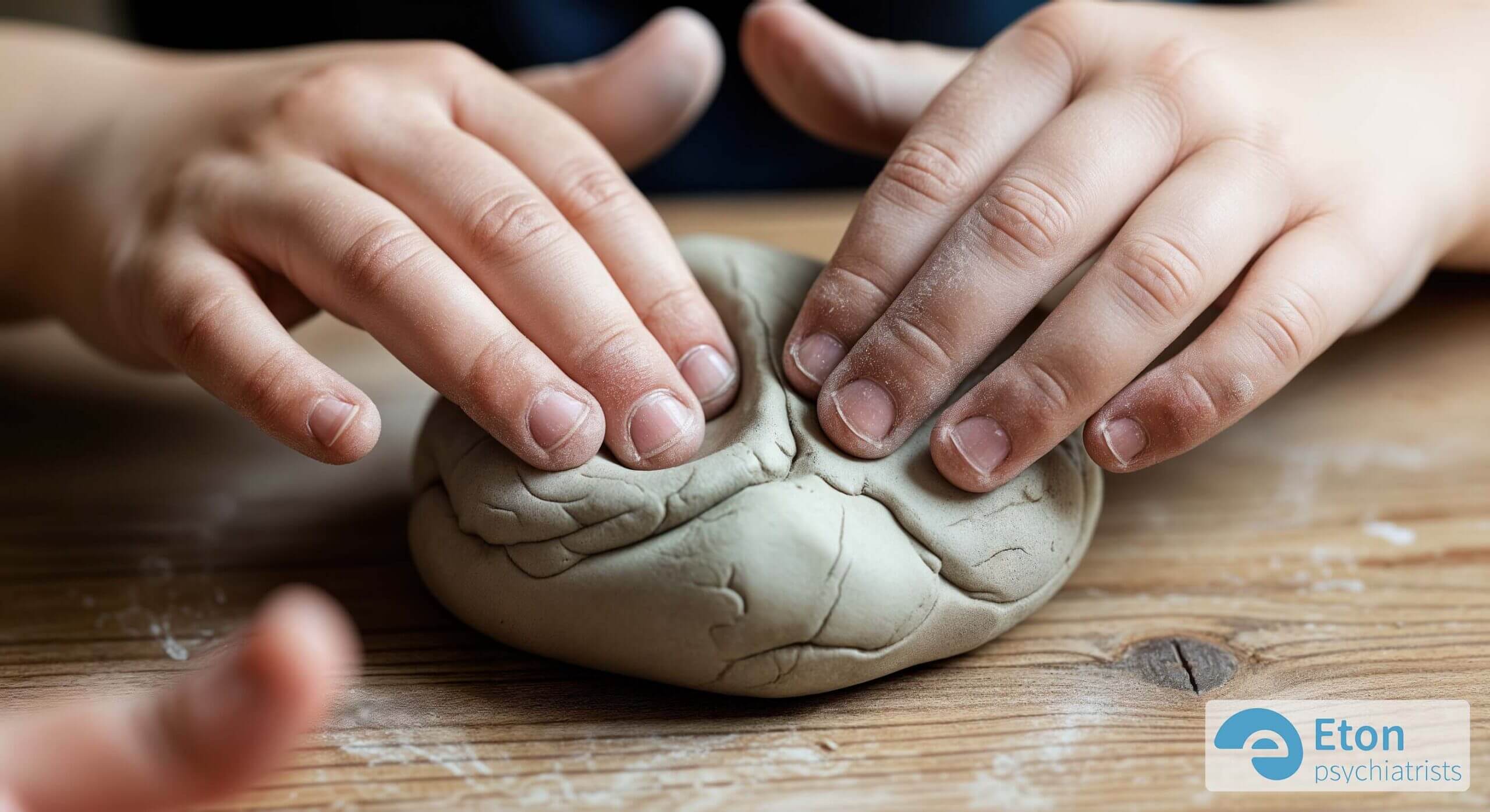 A close-up of a child's hands engaged with soft clay, highlighting the sensory and calming aspect of art therapy.