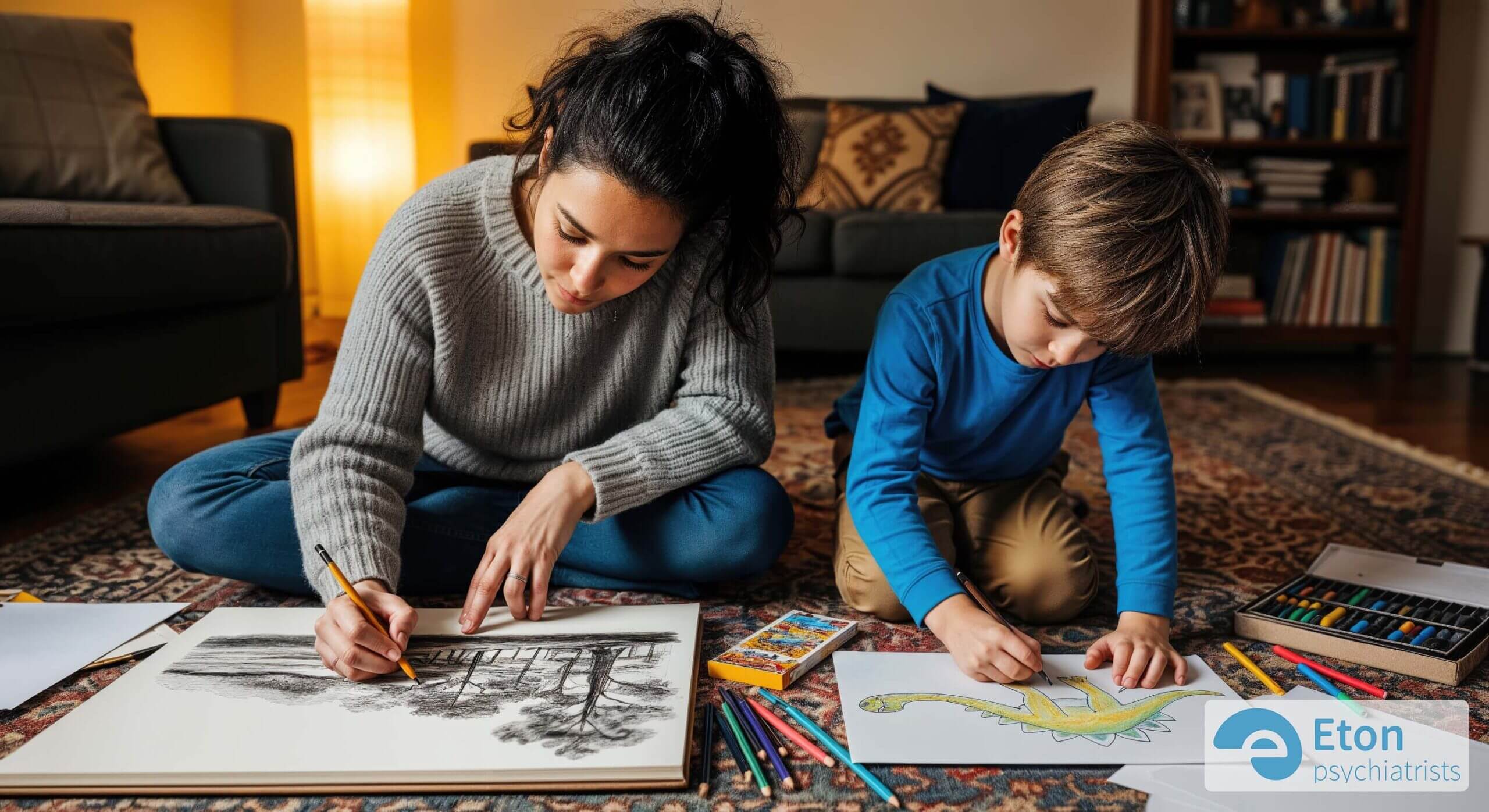 A parent and child sit on the floor engaged in parallel drawing, showing a warm, pressure-free creative moment at home.