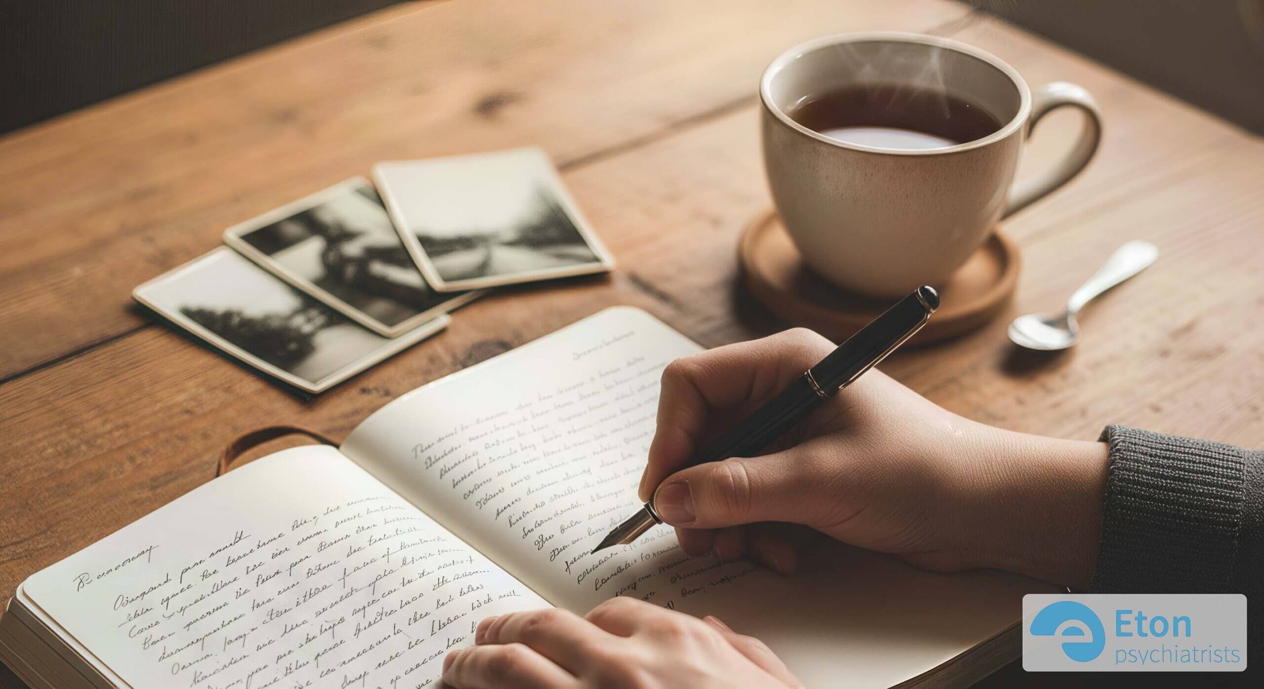A person's hands writing in a journal with old photos nearby, symbolizing the act of self-reflection before an assessment.