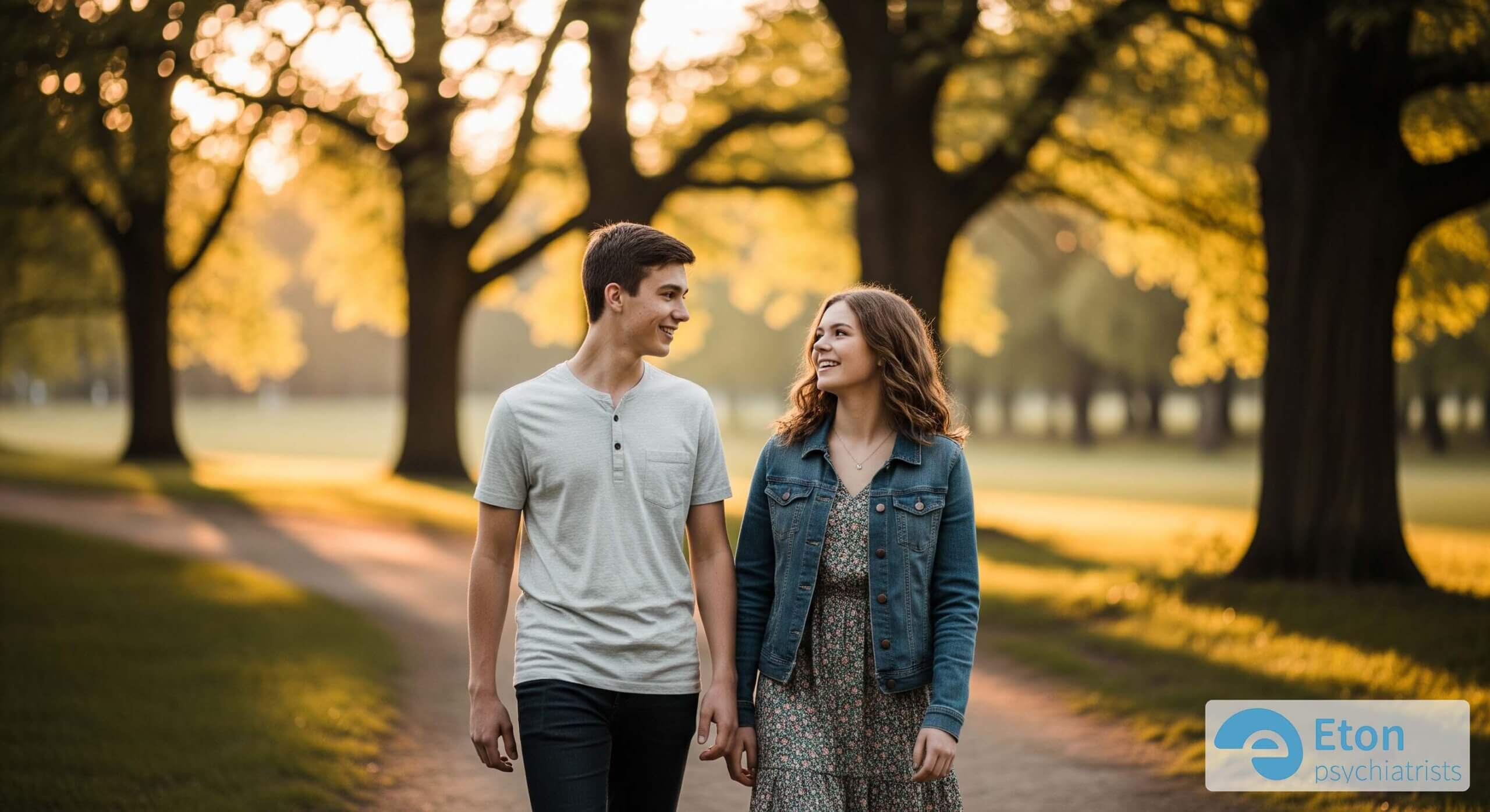 Two teenage siblings walk and talk together in a park during golden hour, representing a mature and lasting supportive bond.
