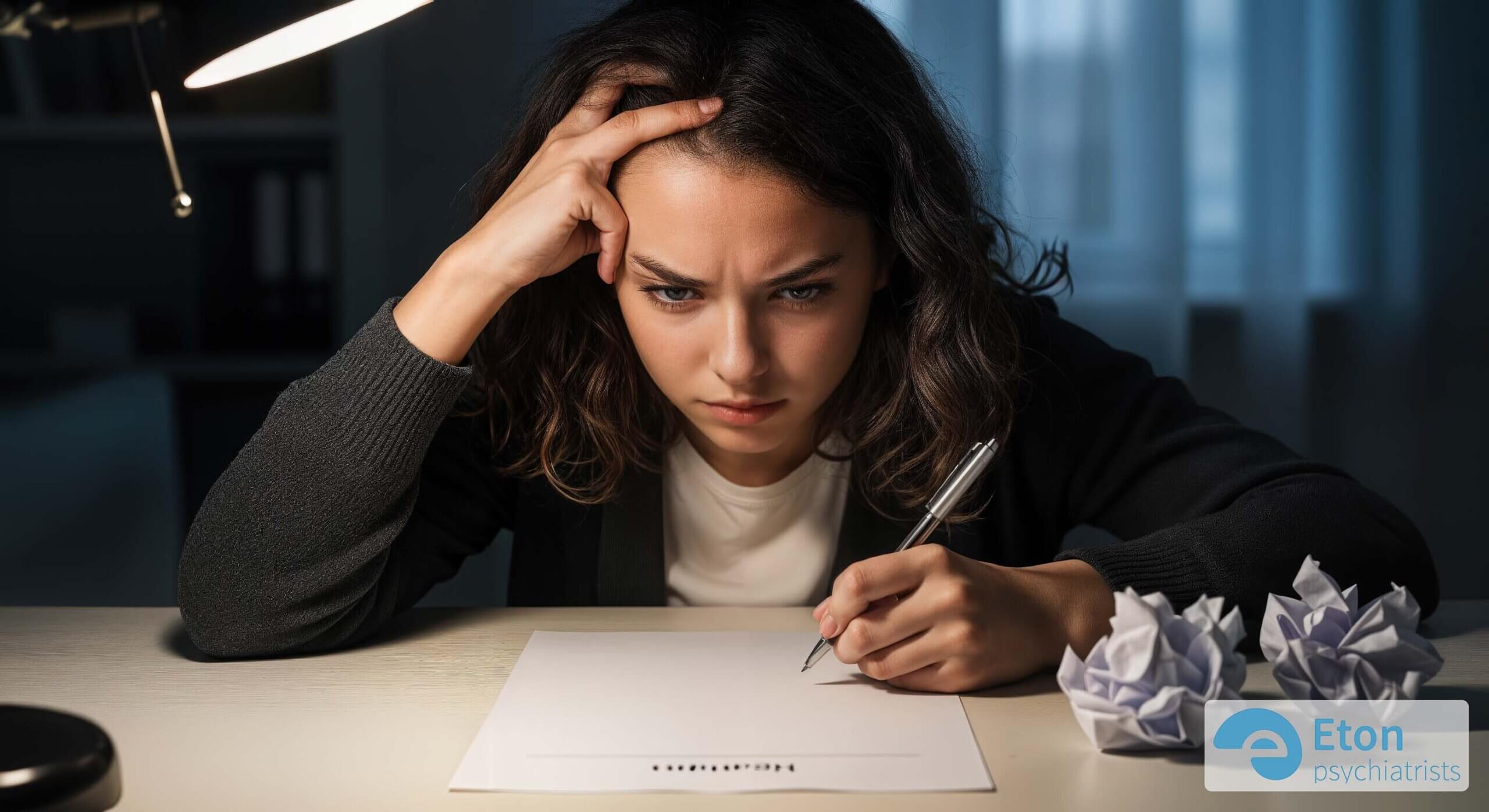 A teenage girl sits at a desk in a state of task paralysis, surrounded by crumpled paper, symbolizing the perfectionism and executive dysfunction challenges of ADHD in women.
