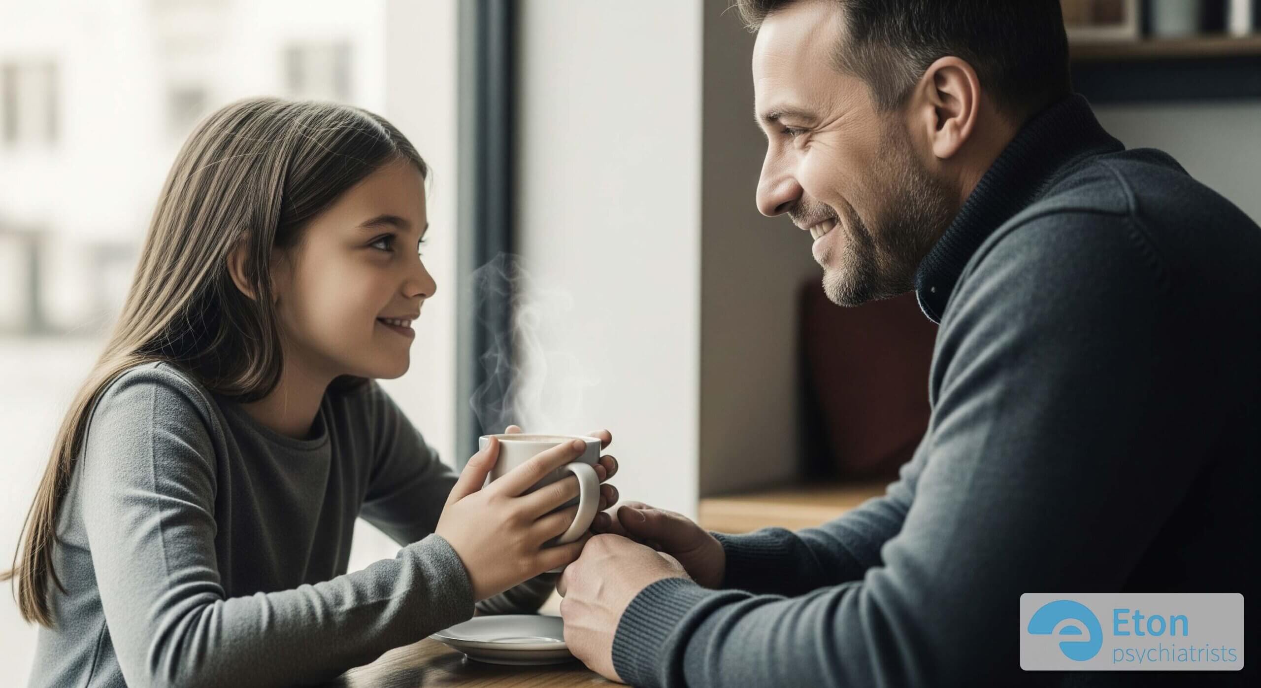 A father and daughter share a warm, connected moment over hot drinks, illustrating the importance of dedicated one-on-one time.