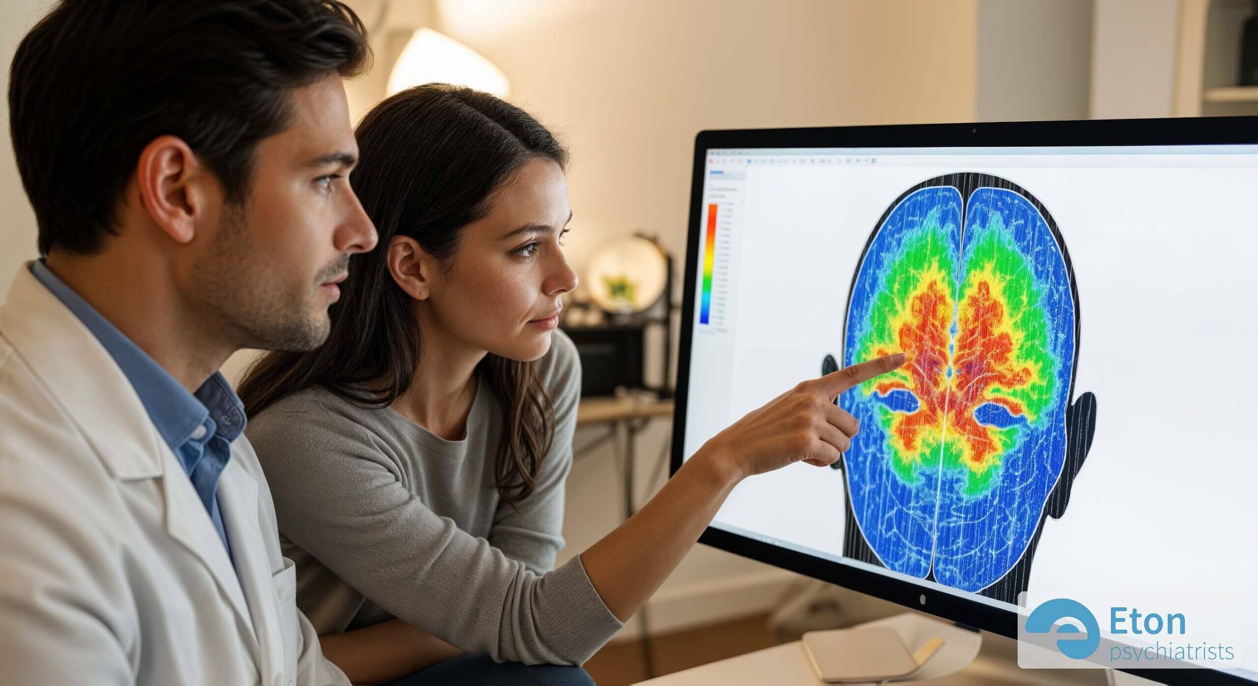 A clinician and patient looking collaboratively at a colorful qEEG brain map on a screen, gaining insight into the patient's diagnosis.