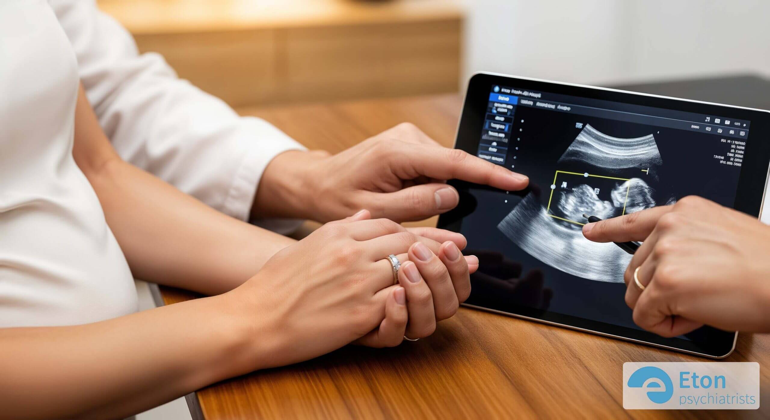 A pregnant woman and a doctor looking together at an ultrasound scan on a tablet, discussing a healthcare plan.