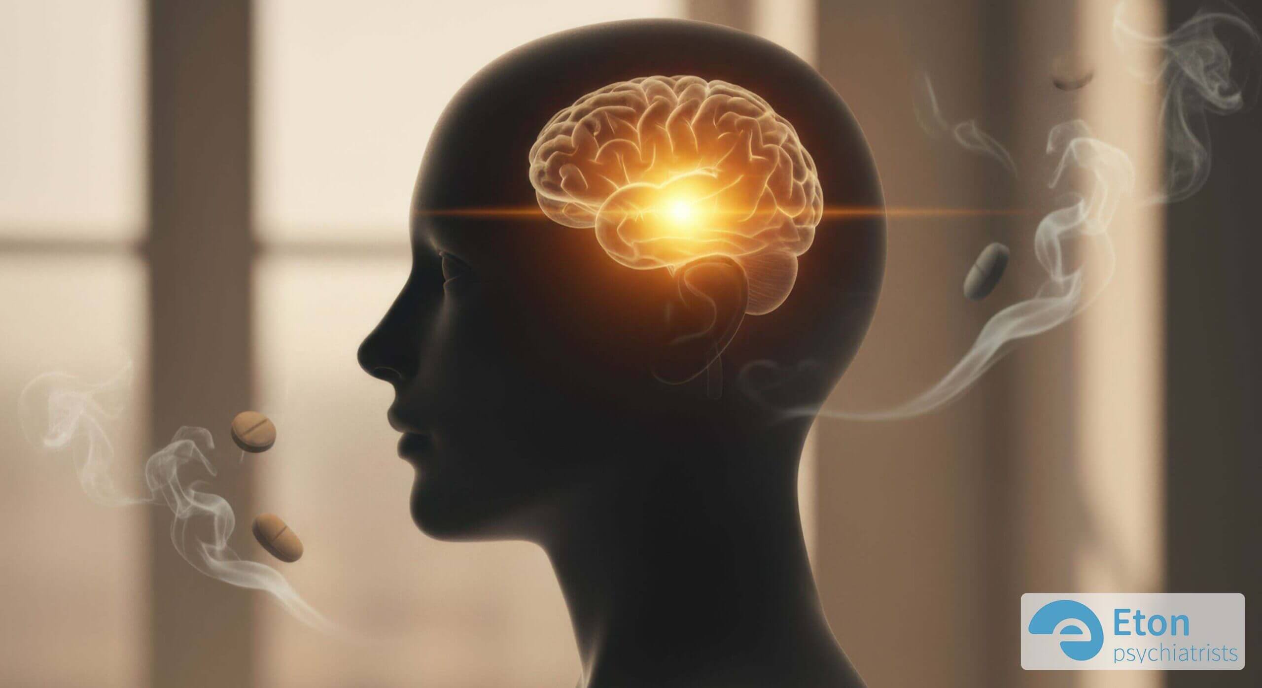 A conceptual image of a silhouette with a vulnerable point in the brain's reward center, near abstract harmful substances, representing ADHD and addiction risk.