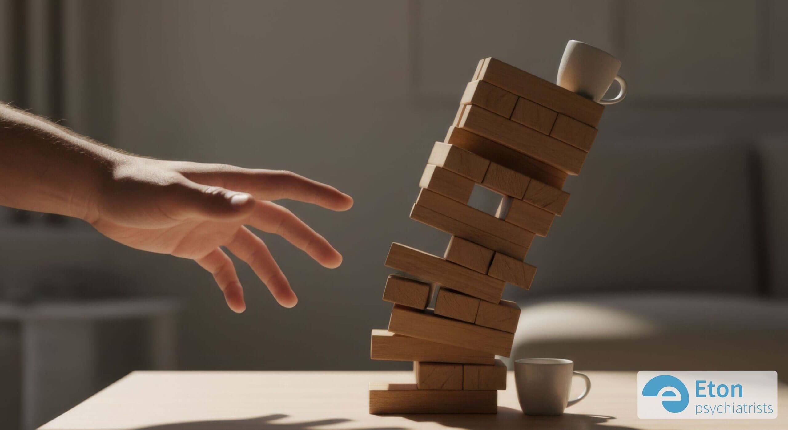 A hand impulsively reaching towards a precarious stack of objects about to fall, symbolizing ADHD risk-taking.