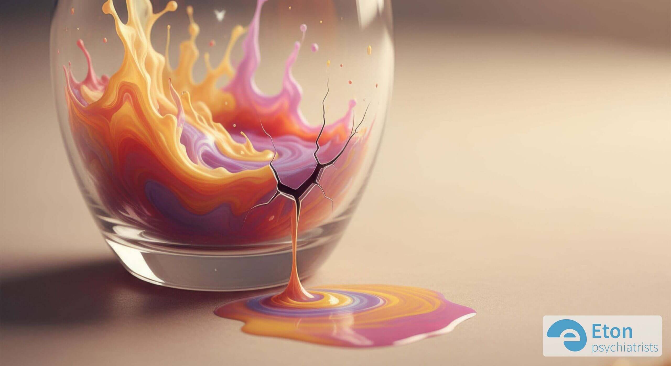 A conceptual image of a glass filled with colorful 'mental energy' leaking from a crack, symbolizing the cognitive drain of chronic pain.