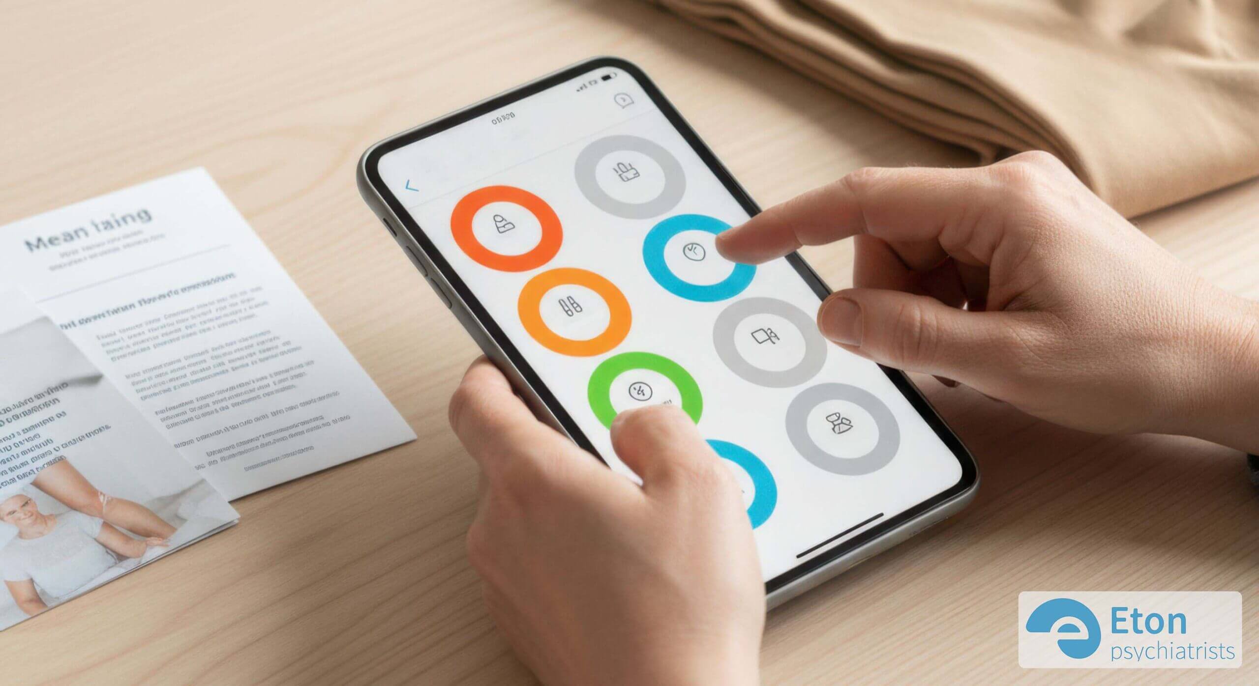 Hands setting visual timer reminders on a phone next to folded compression garments, showing adaptive strategies for Lipoedema care with ADHD.
