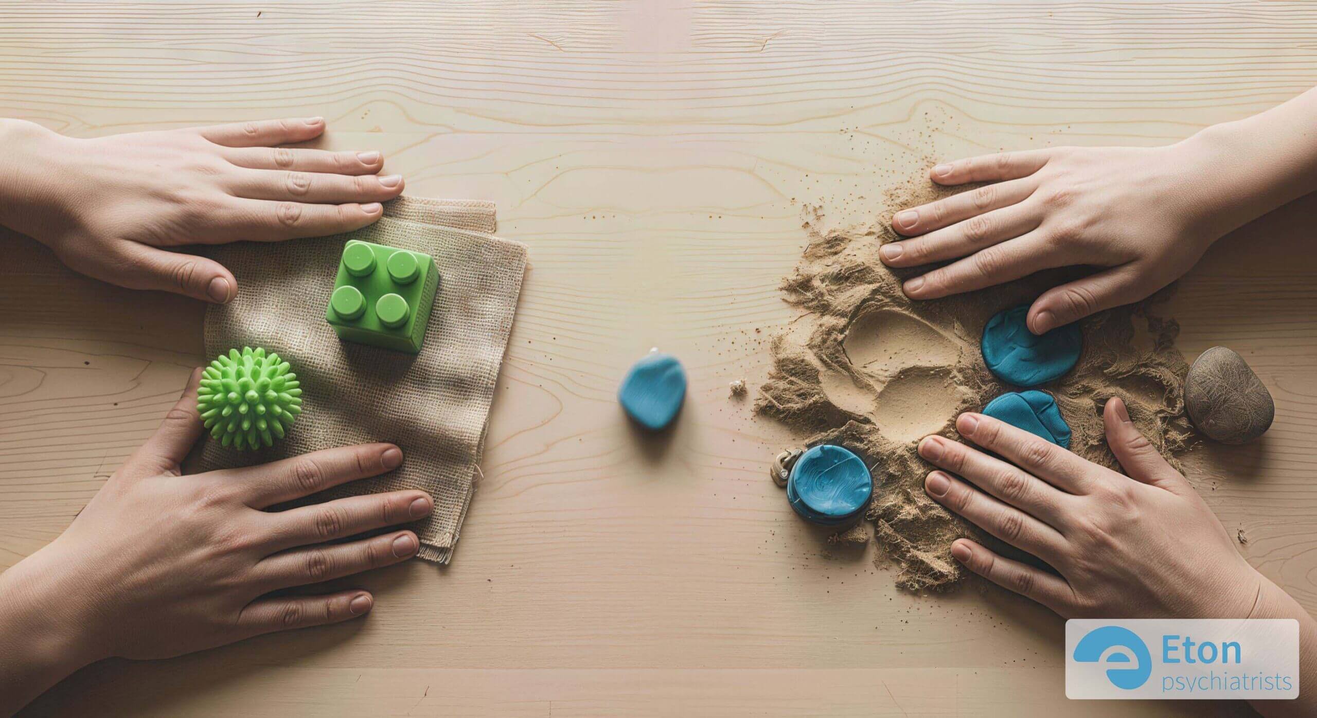 Sensory regulation tools like noise-canceling headphones, sunglasses, and a fidget toy neatly arranged on a desk.