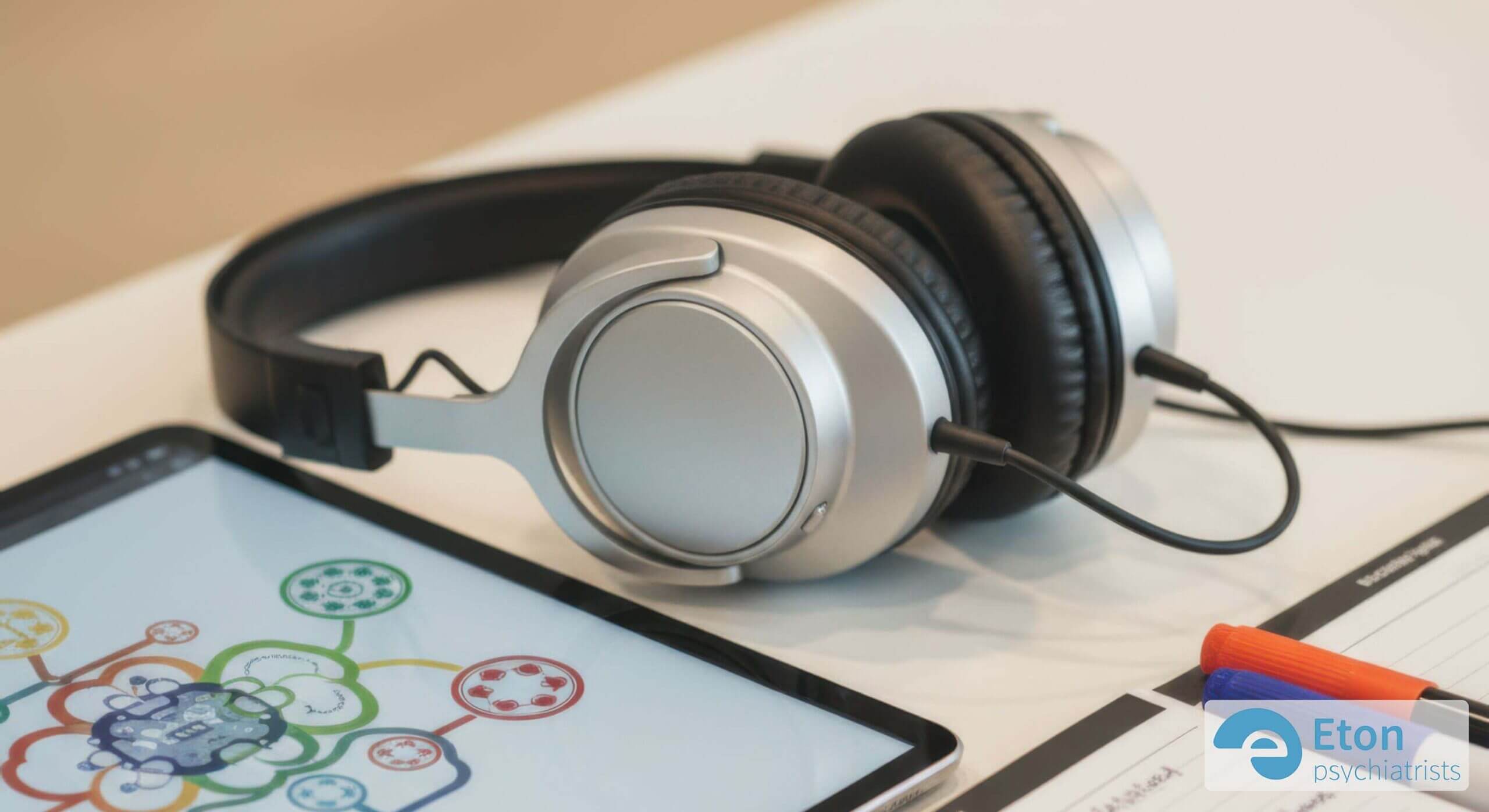 Assistive tools for ADHD at work: noise-canceling headphones, a mind-mapping app on a tablet, and a planner.