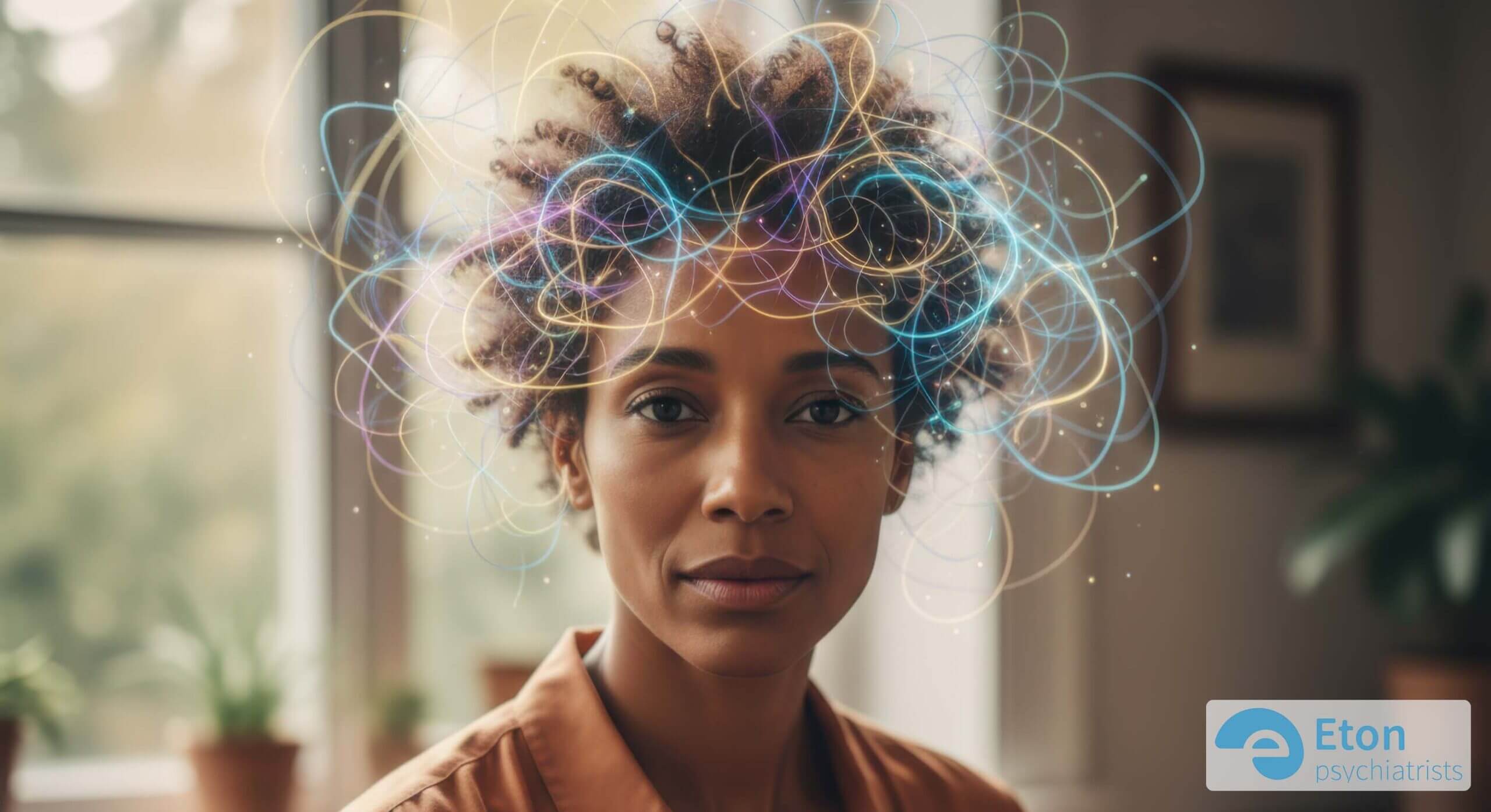 A portrait of a woman with colorful swirling lines around her head, representing the racing thoughts or brain fog associated with hormonal ADHD changes.