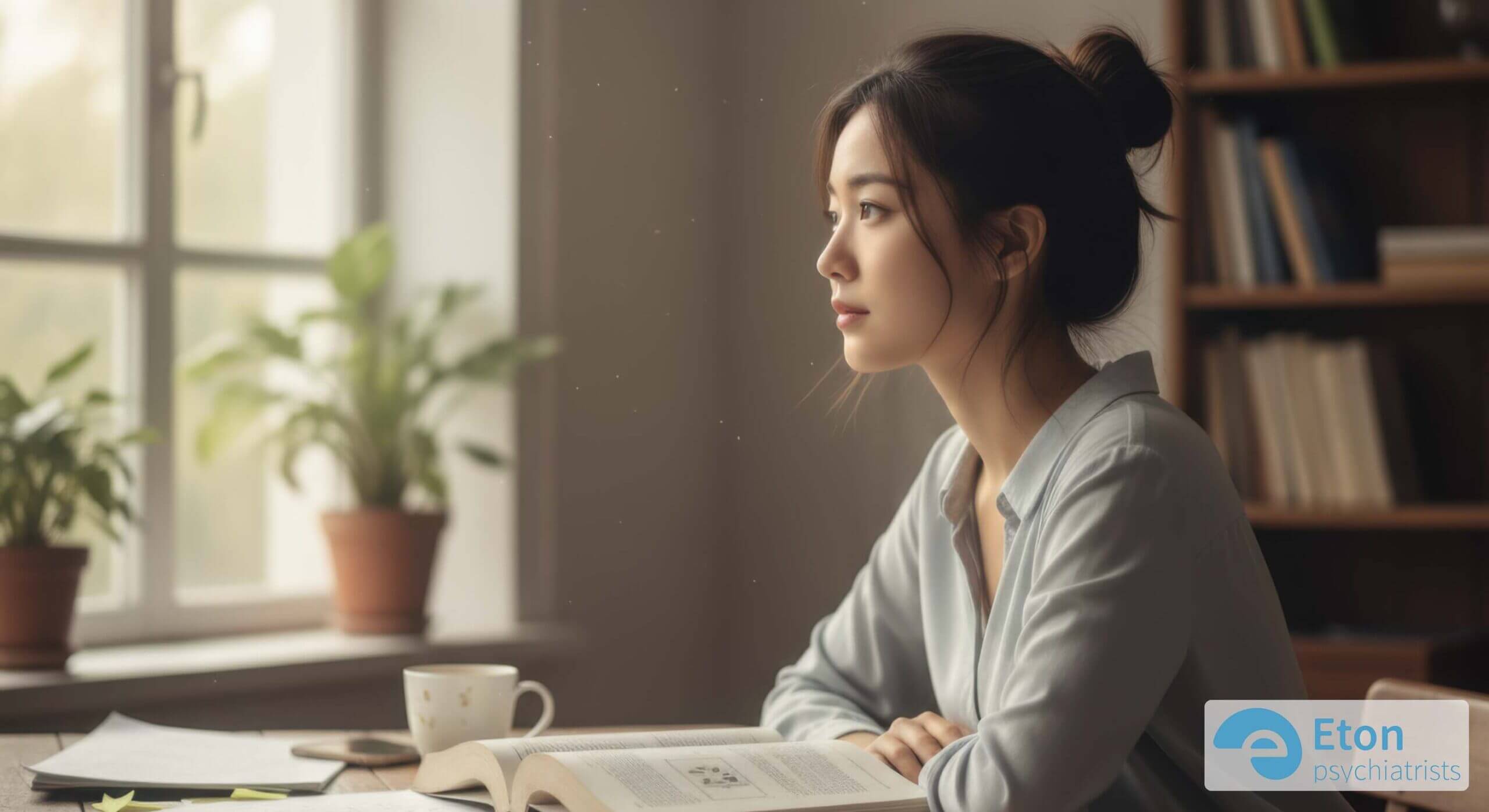 A young woman looking thoughtfully out a window, representing the internal daydreaming associated with inattentive ADHD.