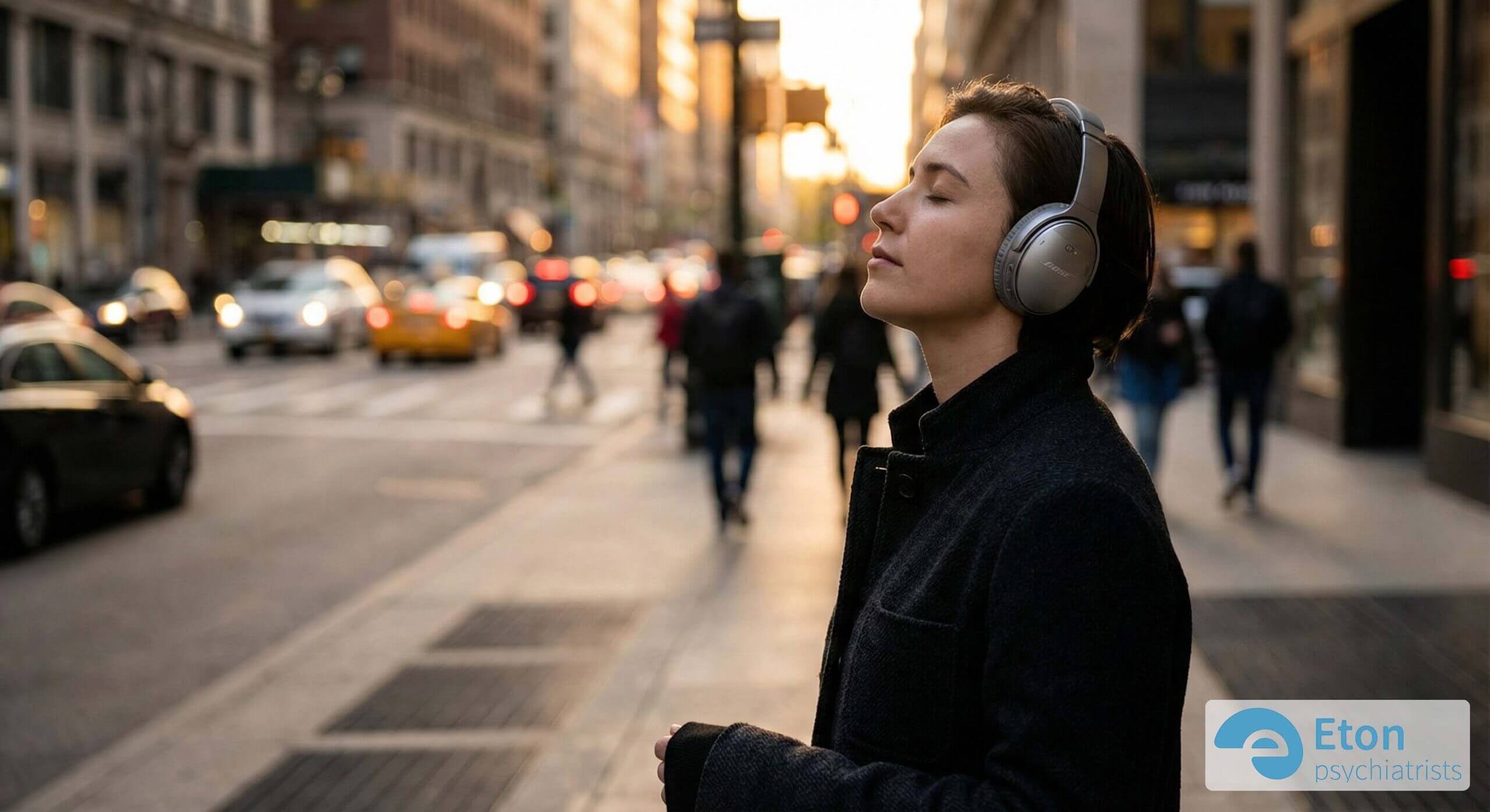 A woman wearing headphones in a busy city street, symbolizing the need to manage sensory input and focus.
