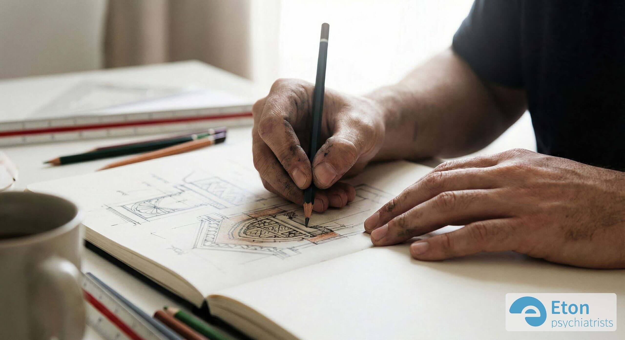 Close up of hands using a pencil to sketch an architectural drawing.