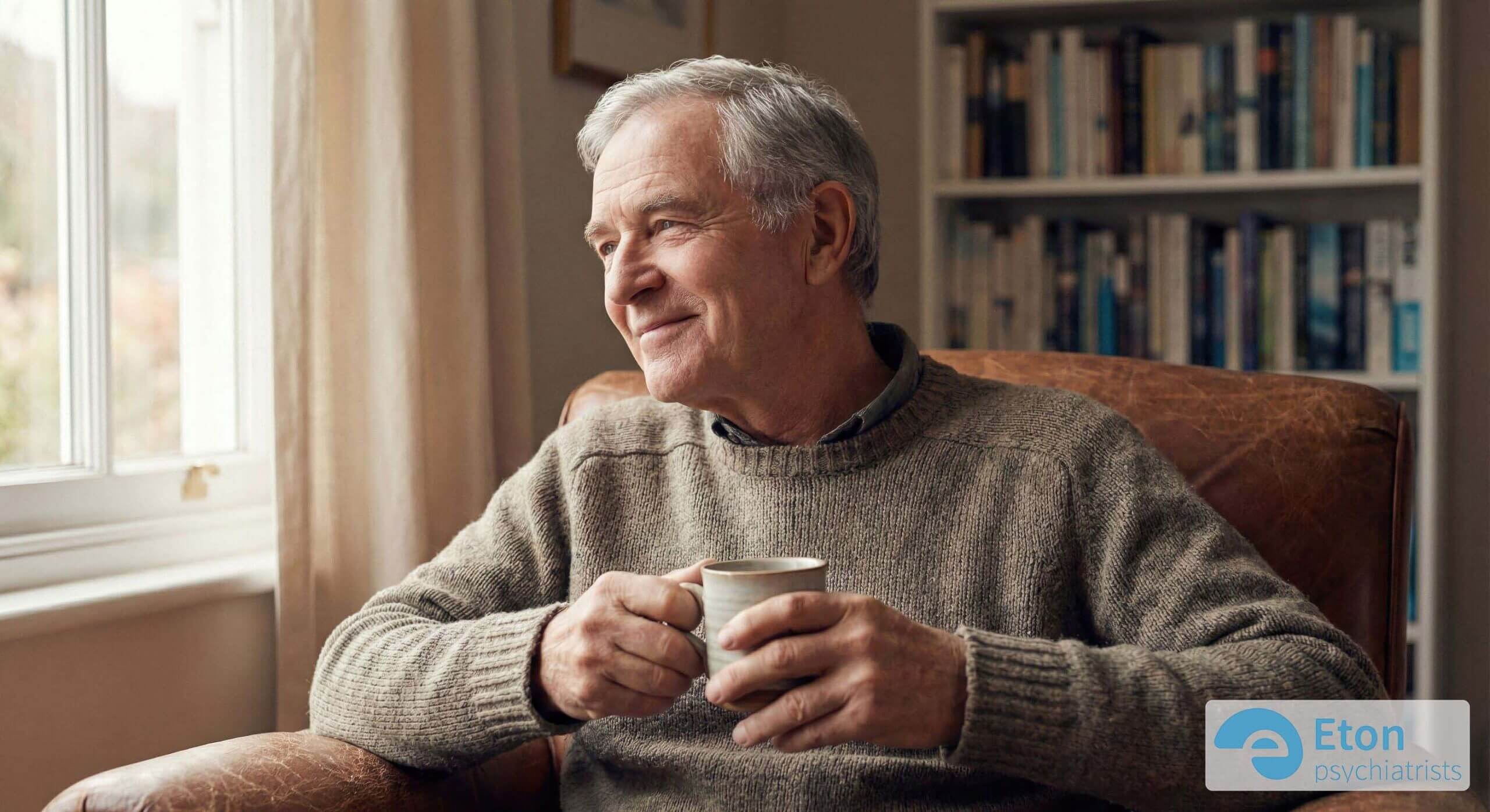 An older gentleman sitting in an armchair with a coffee, smiling calmly.