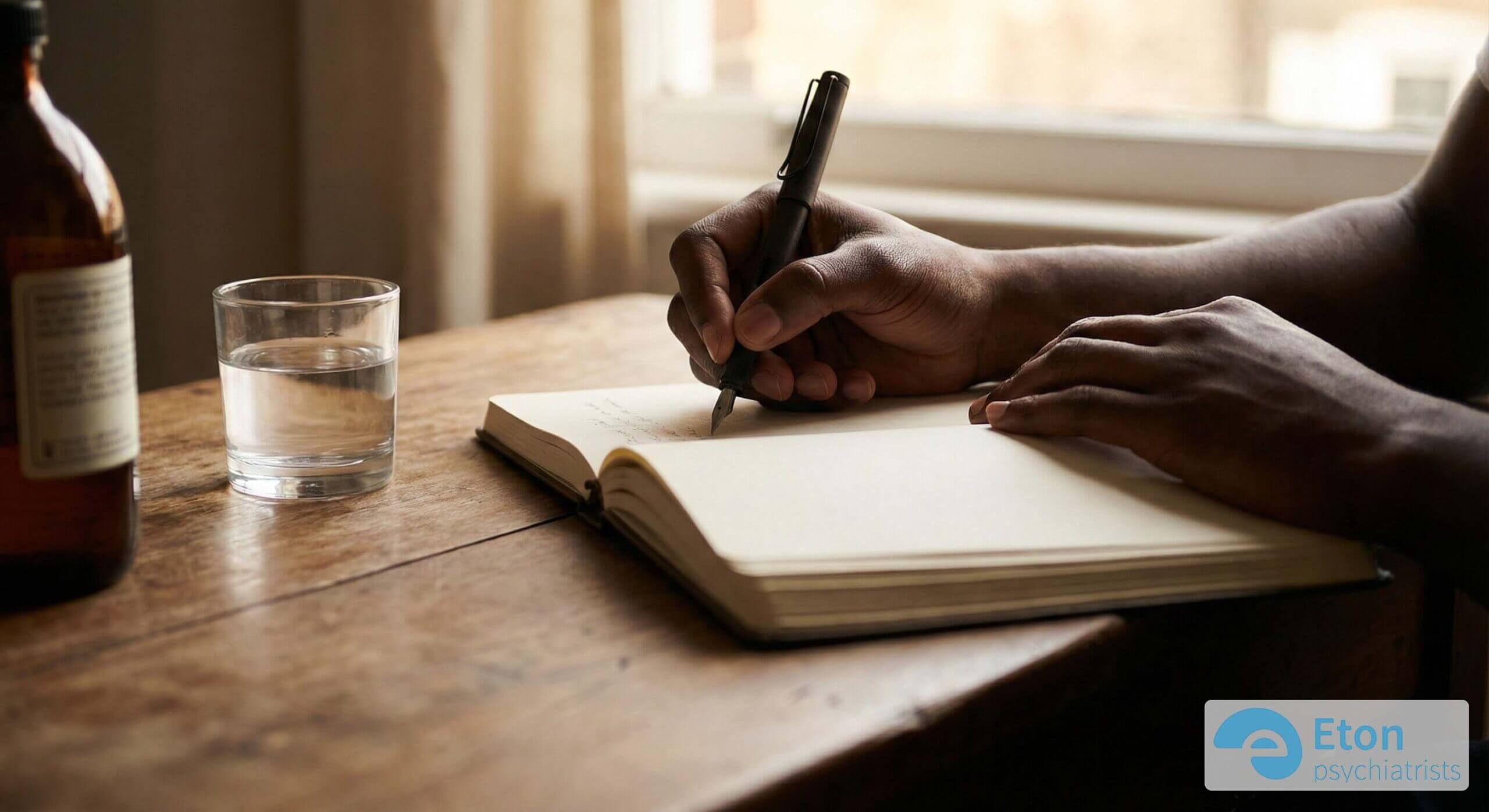 Close up of hands writing detailed notes in a journal, representing patient insight.