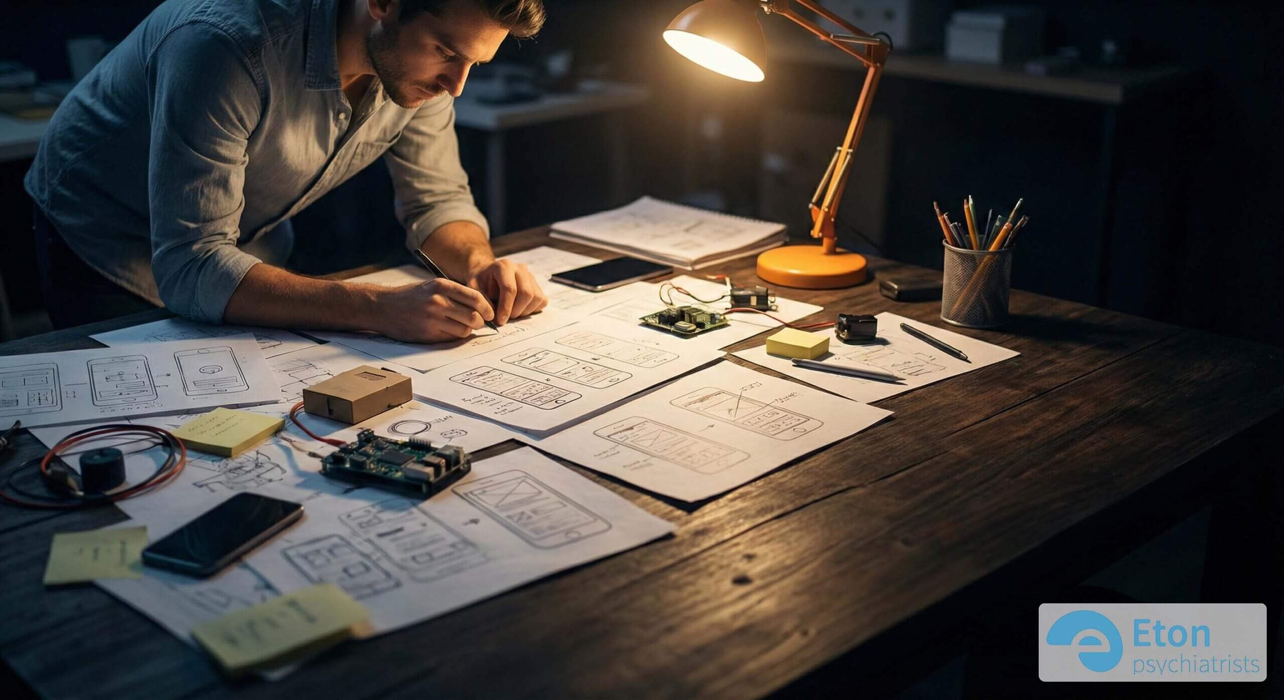 A man working late at a desk covered in blueprints and sketches, illustrating the hyperfocus and creative drive of the ADHD entrepreneur.