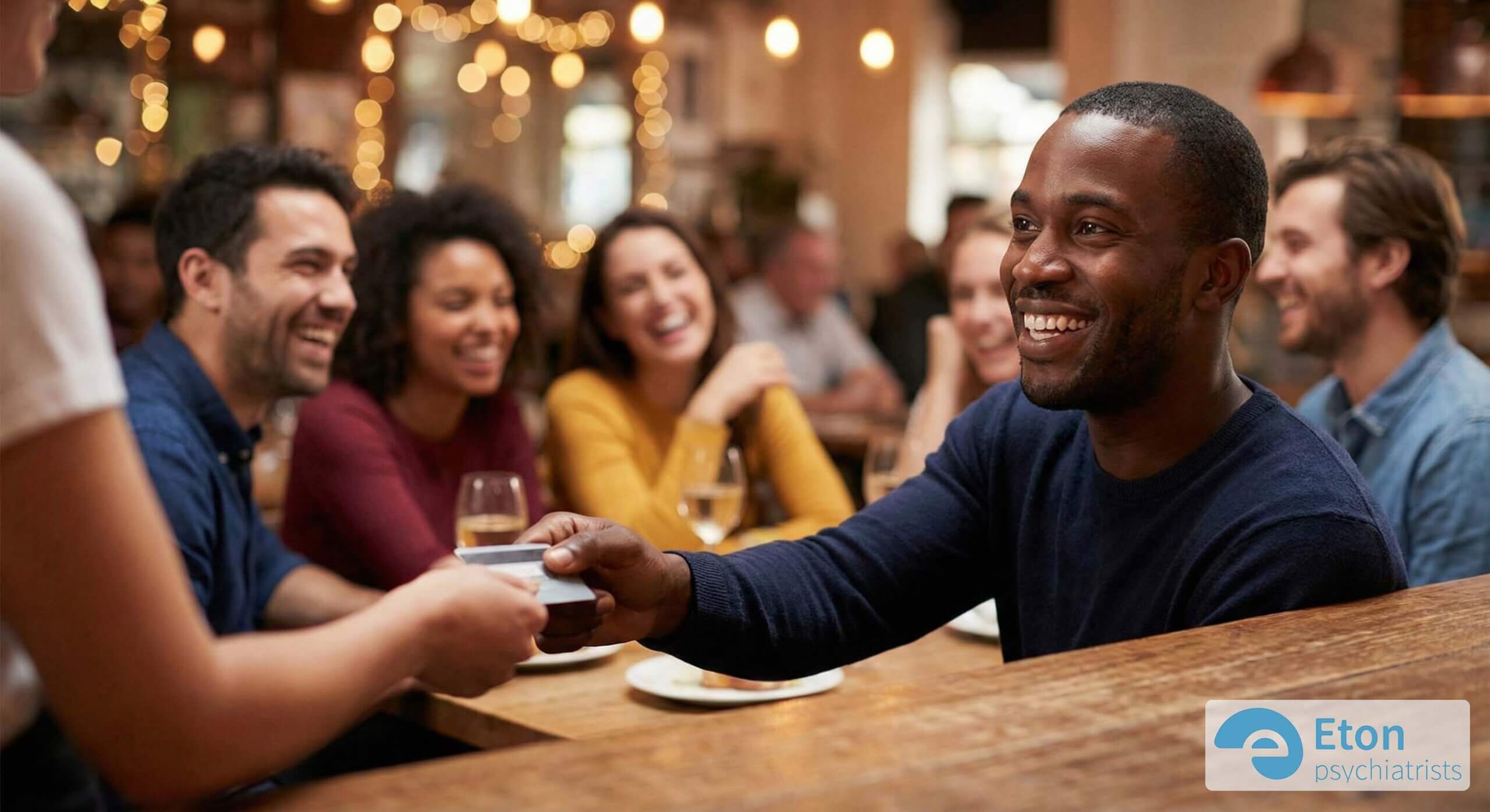 A smiling man handing over a credit card at a social gathering, representing impulsive generosity and social lubrication through money.